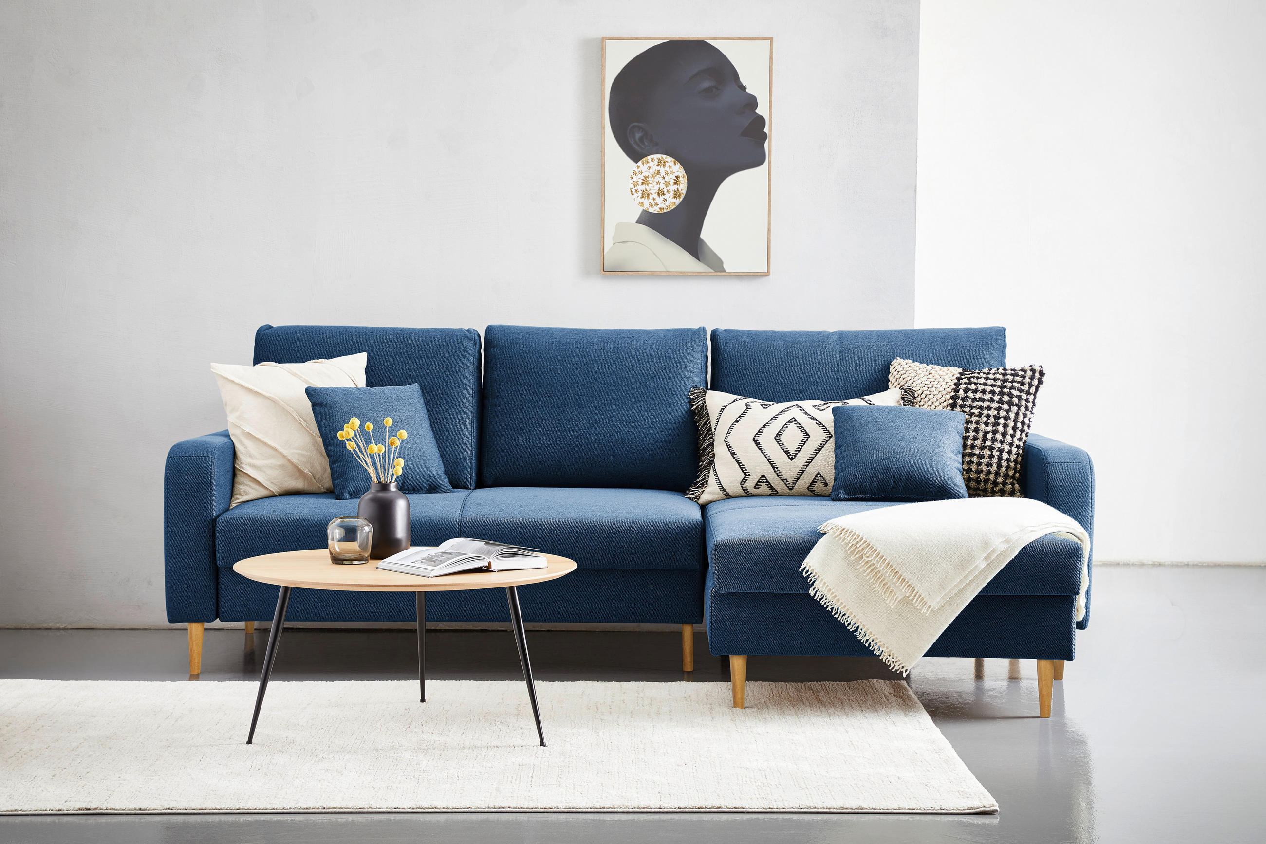 ECKSOFA in Flachgewebe Dunkelblau  - Eiche Wotan/Dunkelblau, Konventionell, Holz/Textil (255/157cm) - Carryhome