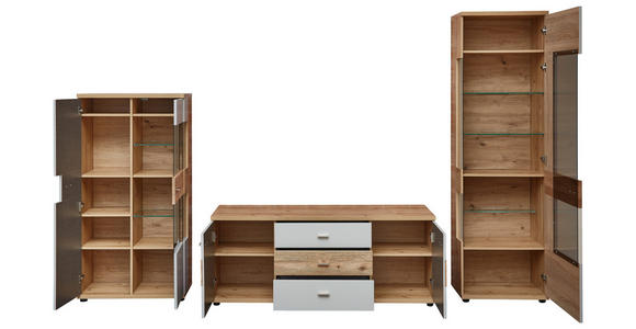 WOHNWAND in Hellgrau, Eiche Artisan, Wildeiche 320/202/48 cm - Wildeiche/Hellgrau, Design, Glas/Holz (320/202/48cm) - Novel