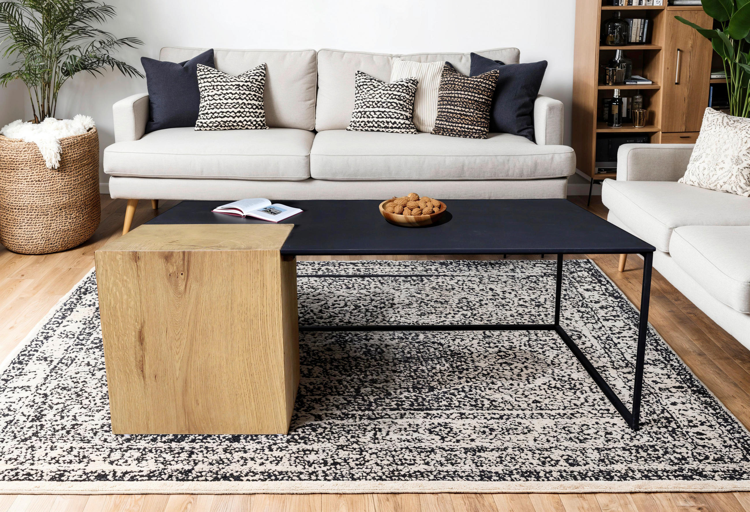 COUCHTISCH Eiche furniert rechteckig Naturfarben, Schwarz  - Schwarz/Naturfarben, Design, Holz/Holzwerkstoff (120/44/70cm) - MID.YOU