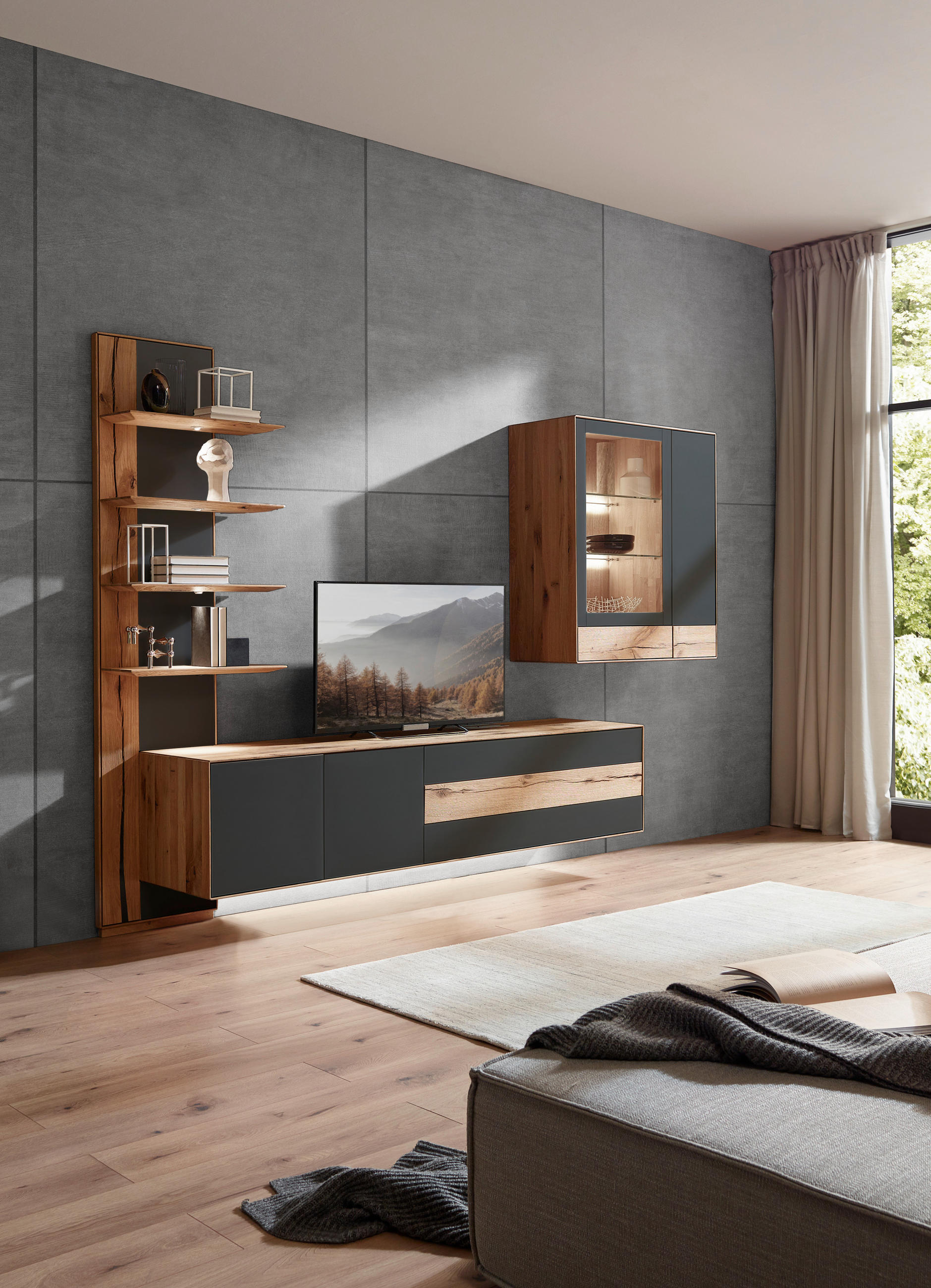 WOHNWAND  in Anthrazit, Eichefarben  297/206/48 cm  - Eichefarben/Anthrazit, Design, Glas/Holz (297/206/48cm) - Valnatura