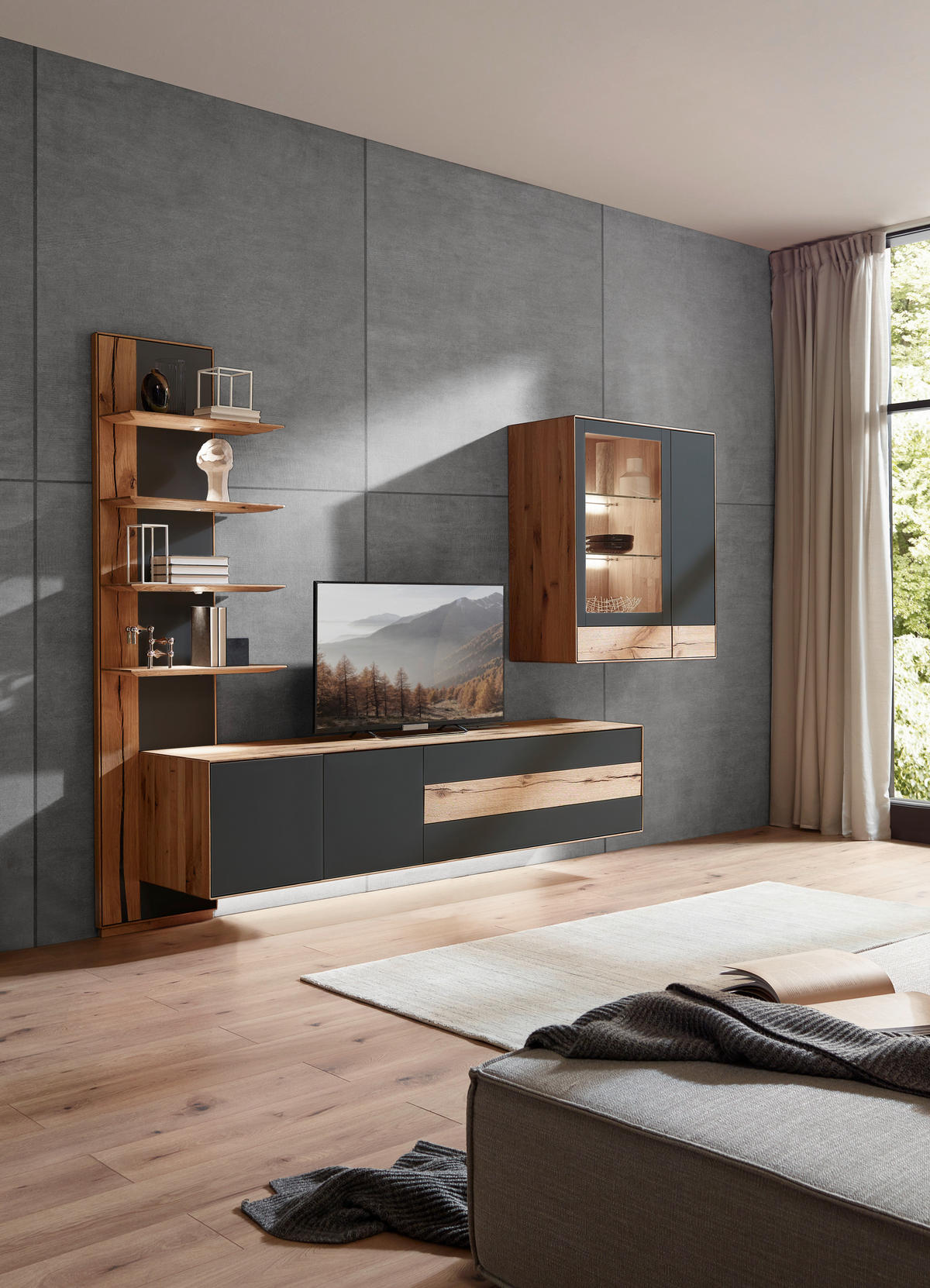 WOHNWAND  in Anthrazit, Eichefarben  297/206/48 cm  - Eichefarben/Anthrazit, Design, Glas/Holz (297/206/48cm) - Valnatura