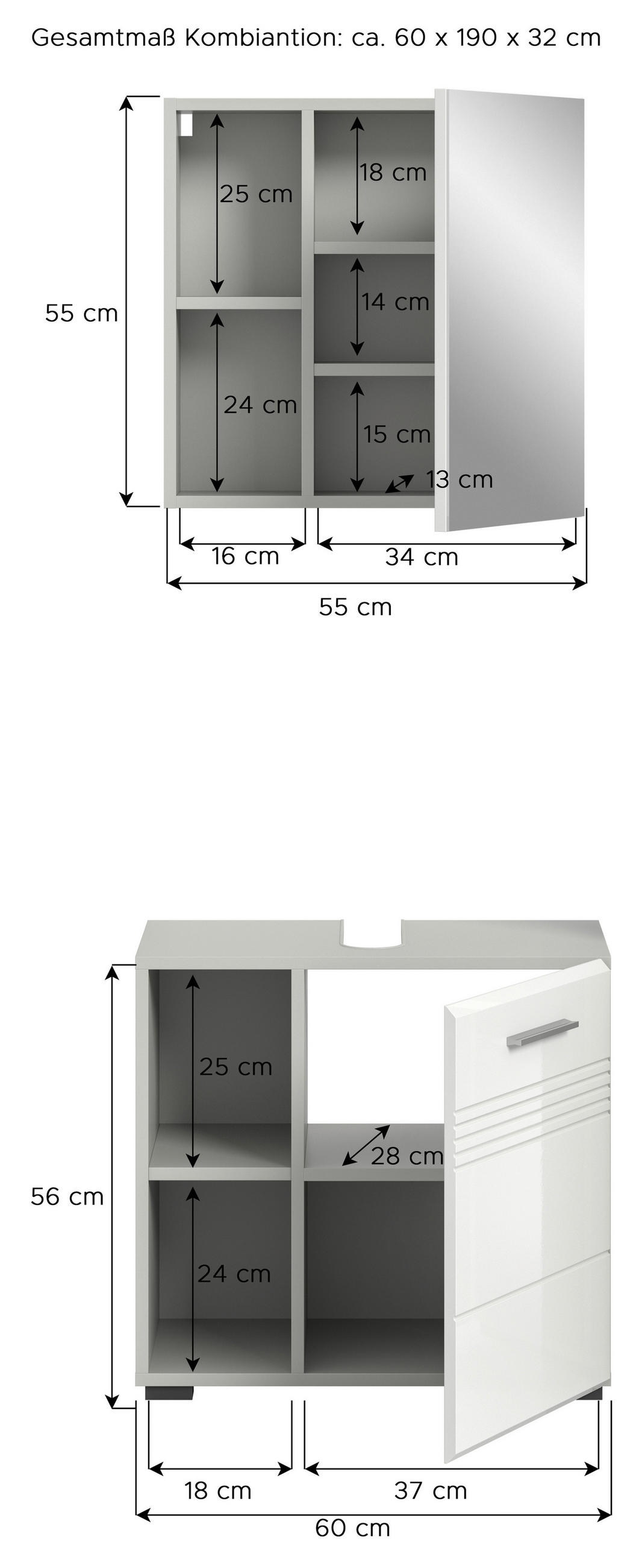 KOUPELNA šedá, vysoce lesklá bílá  - šedá/černá, Moderní, kompozitní dřevo/plast (60cm) - MID.YOU