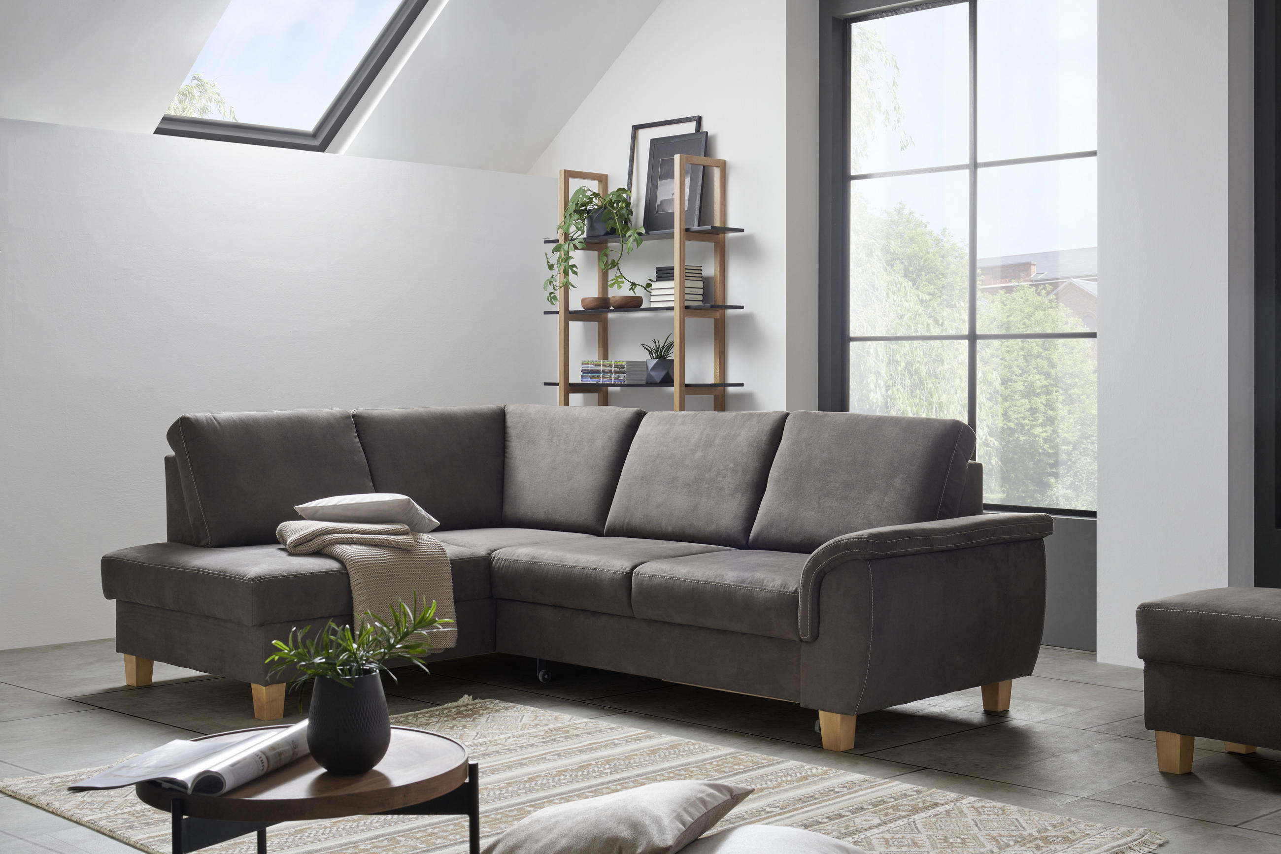 ECKSOFA in Flachgewebe Graubraun  - Eichefarben/Graubraun, Design, Holz/Textil (253/185cm) - Cantus