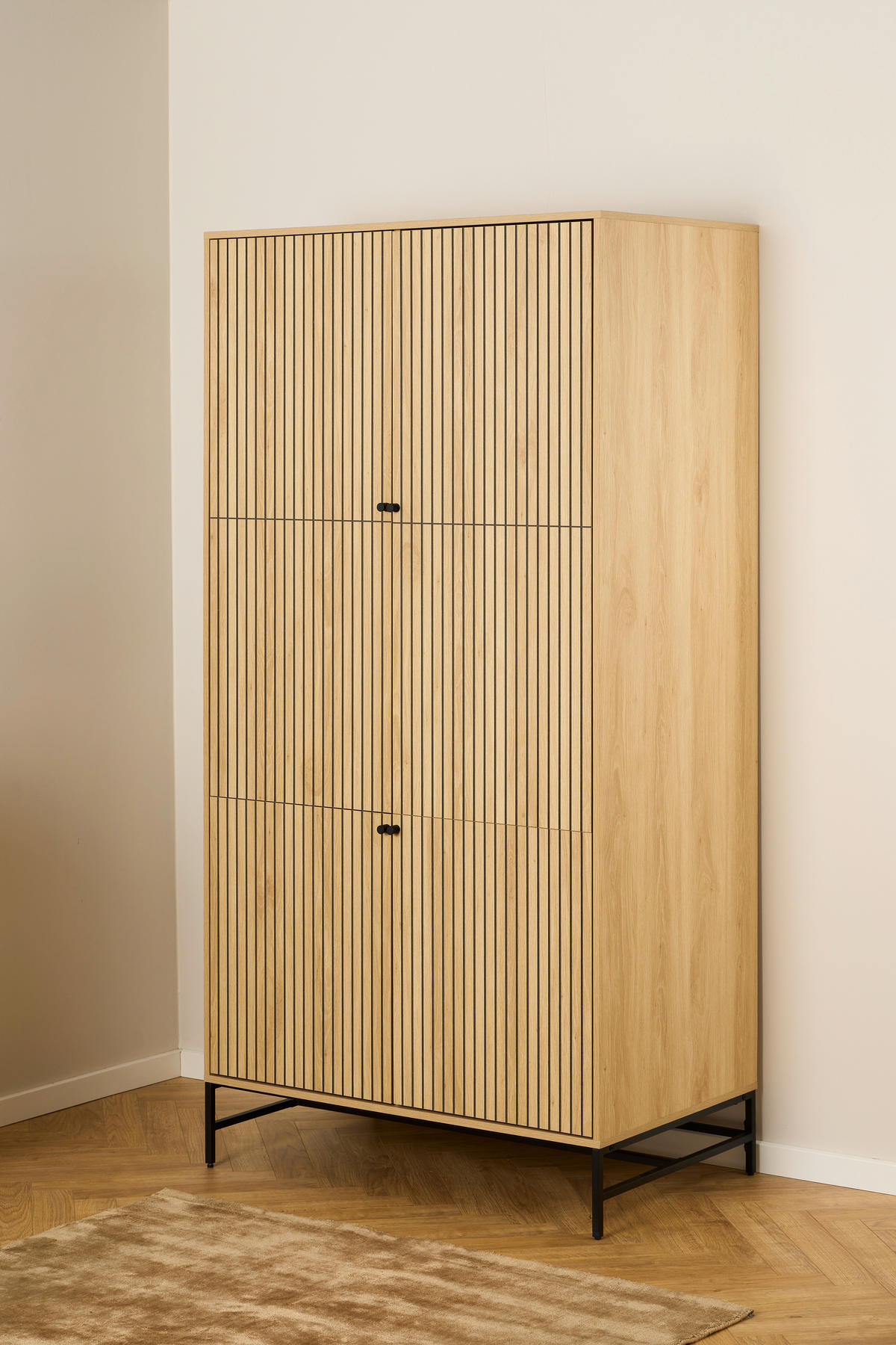 OMARA S KLASIČNIMI VRATI, furnirano hrast naravne barve, črna  - črna/naravne barve, Design, kovina/leseni material (99/200/60cm) - MID.YOU