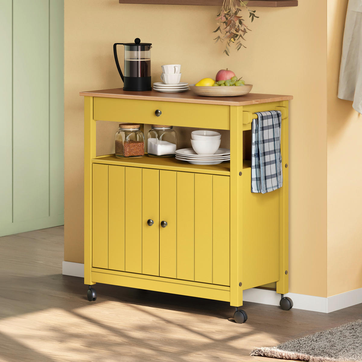 SERVIERWAGEN Pinie massiv Braun, Gelb  - Gelb/Zinkfarben, MODERN, Holz/Kunststoff (85/90,6/40cm) - Livetastic