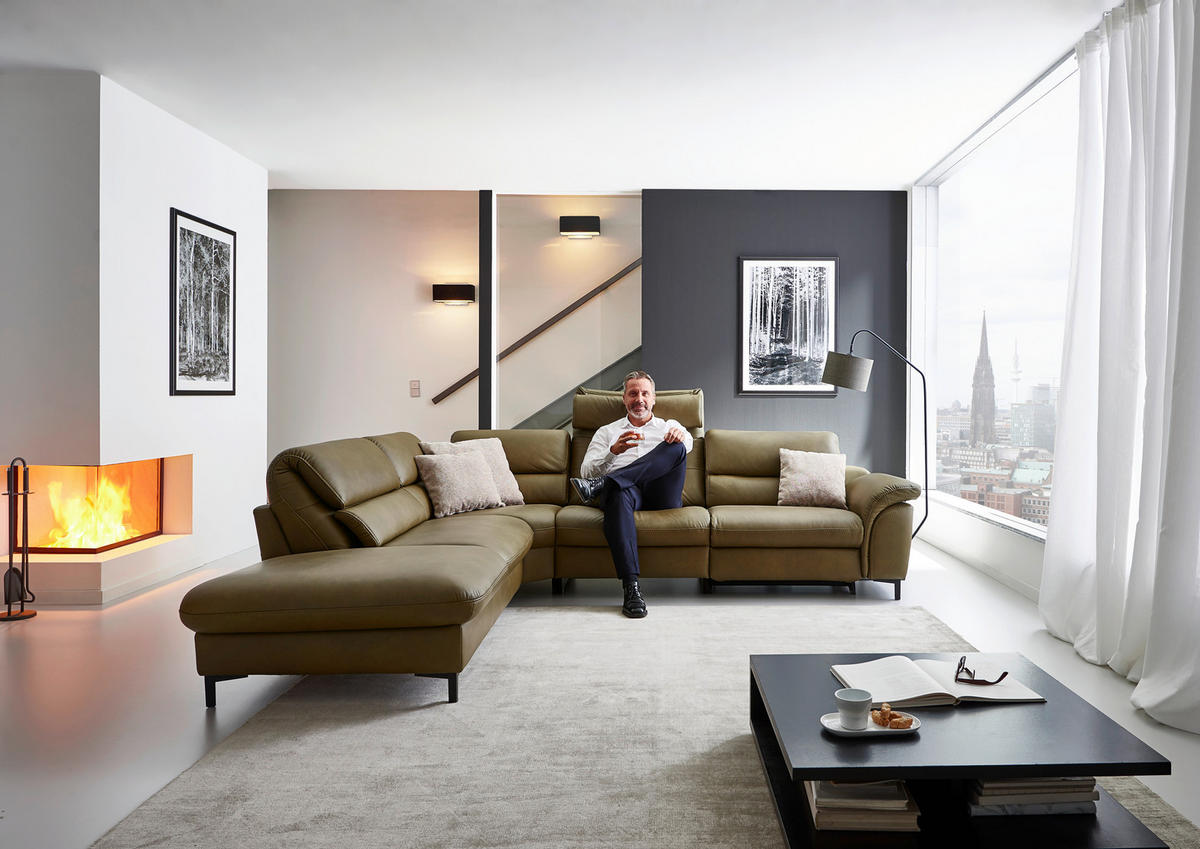 ECKSOFA in Echtleder Schlammfarben  - Schlammfarben/Schwarz, Design, Leder/Metall (246/280cm) - Hukla