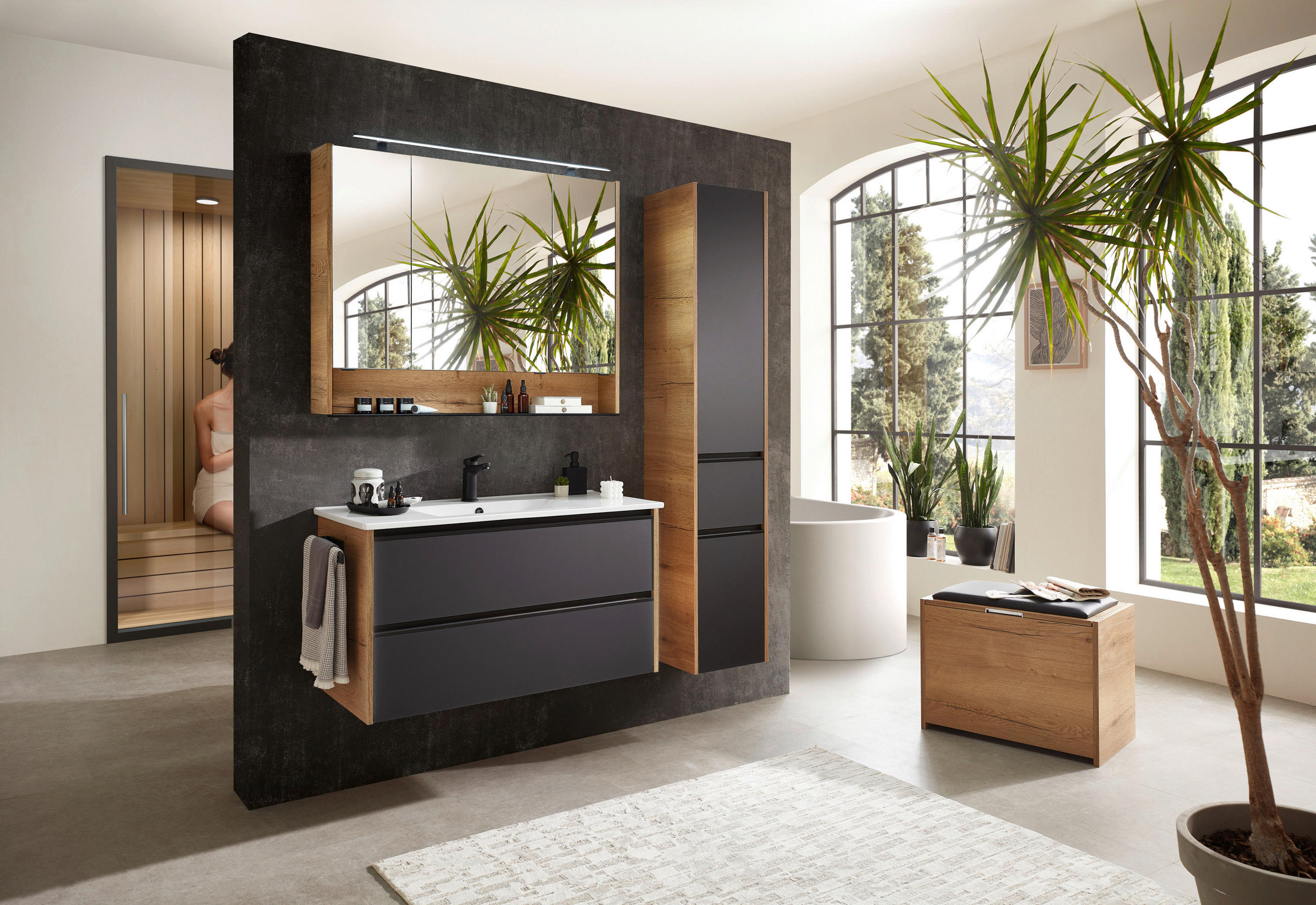 HOCHSCHRANK 33,3/173,4/33 cm  - Eichefarben/Schwarz, KONVENTIONELL, Glas/Holzwerkstoff (33,3/173,4/33cm) - Sadena