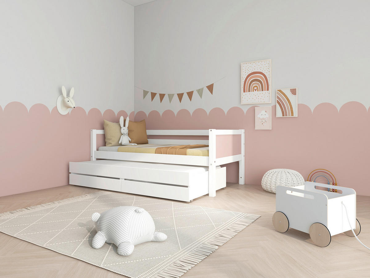 AUSZIEHBETT 90/200 cm,  in Rosa, Weiß, Bettschubladen, Rollrost für Zusatzbett, Rollrost für Hauptbett  - Rosa/Weiß, MODERN, Holz (90/200cm) - Chameo