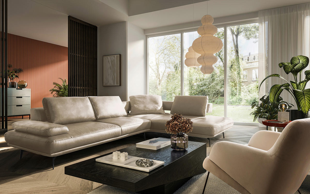 ECKSOFA Creme Echtleder  - Creme/Schwarz, Design, Leder/Metall (306/237cm) - Livetastic