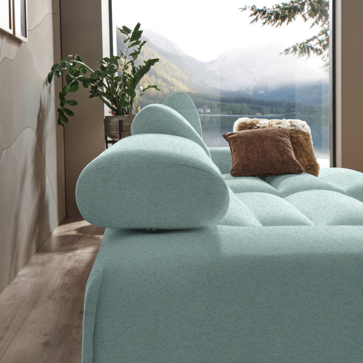 ECKSOFA in Velours Mintgrün  329/150 cm  - Buchefarben/Mintgrün, Design, Holz/Textil (329/150cm) - Lomoco