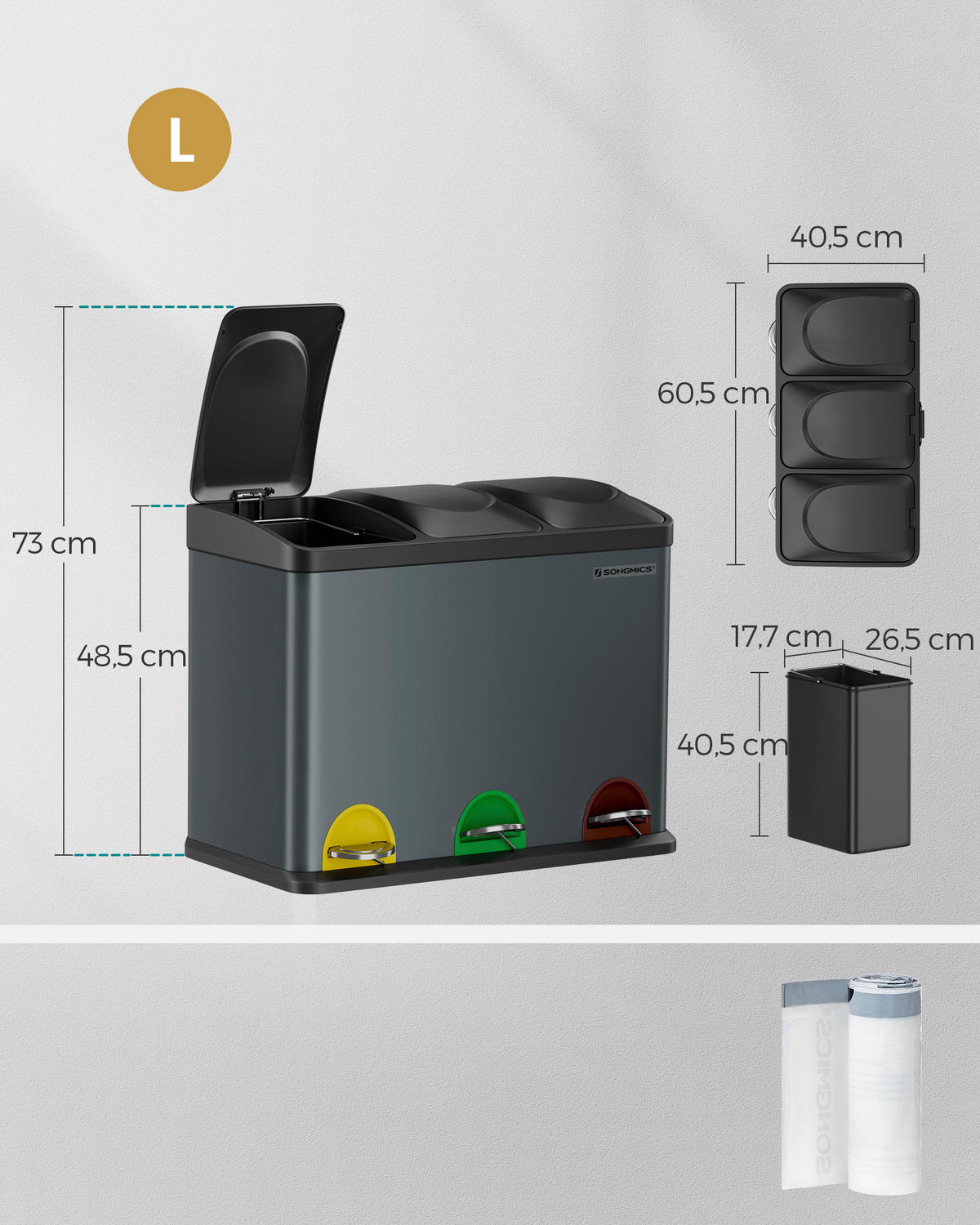 ABFALLSAMMLER 45 l  Metall, Kunststoff  - Dunkelgrau/Schwarz, Basics, Kunststoff/Metall (60,5/48,5/40,5cm)