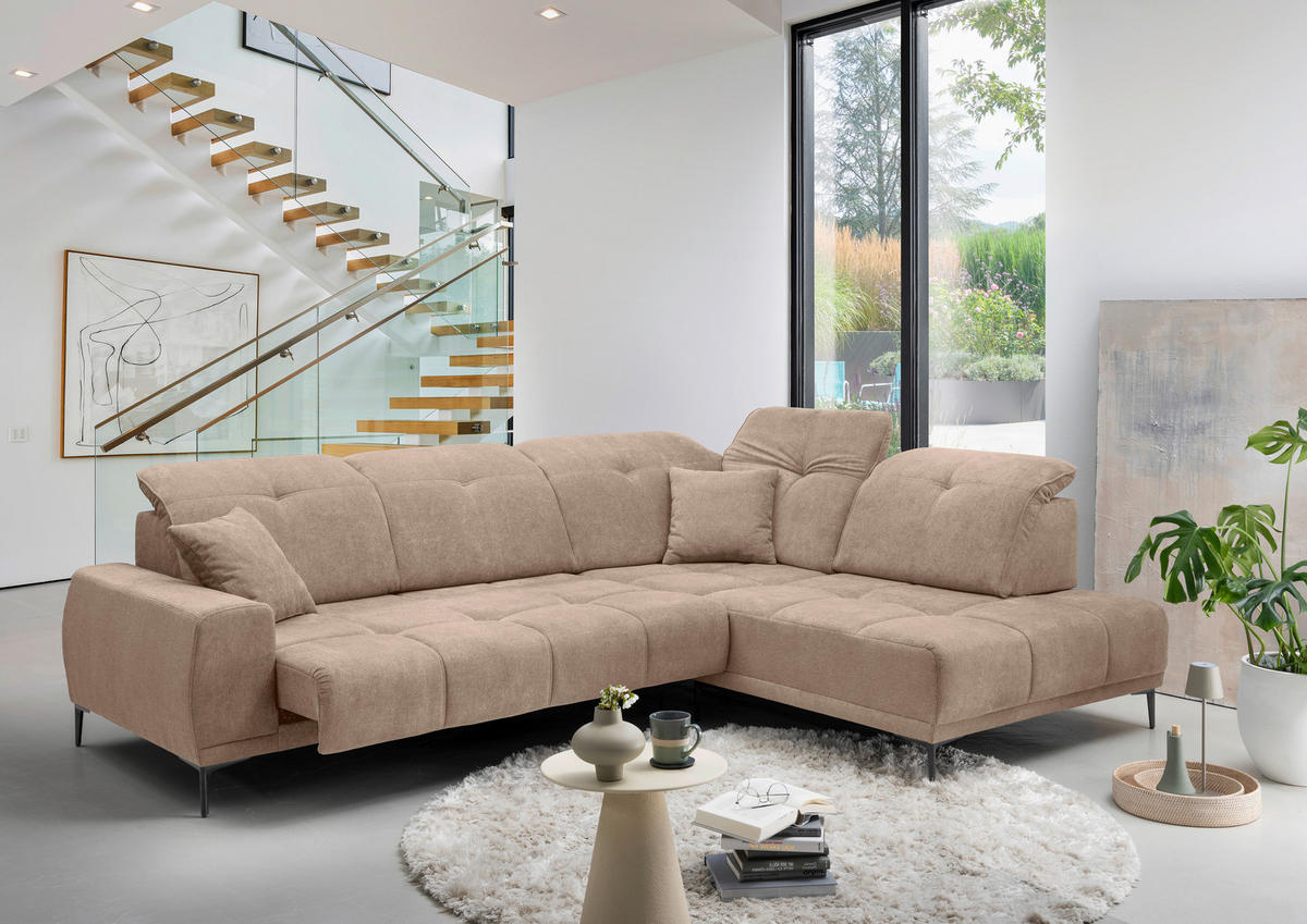 ECKSOFA NESTO Hellbraun Chenille Zierkissen, Kopfteilverstellung, Sitzvorzug  - Hellbraun/Schwarz, Basics, Textil/Metall (305/232cm) - Livetastic