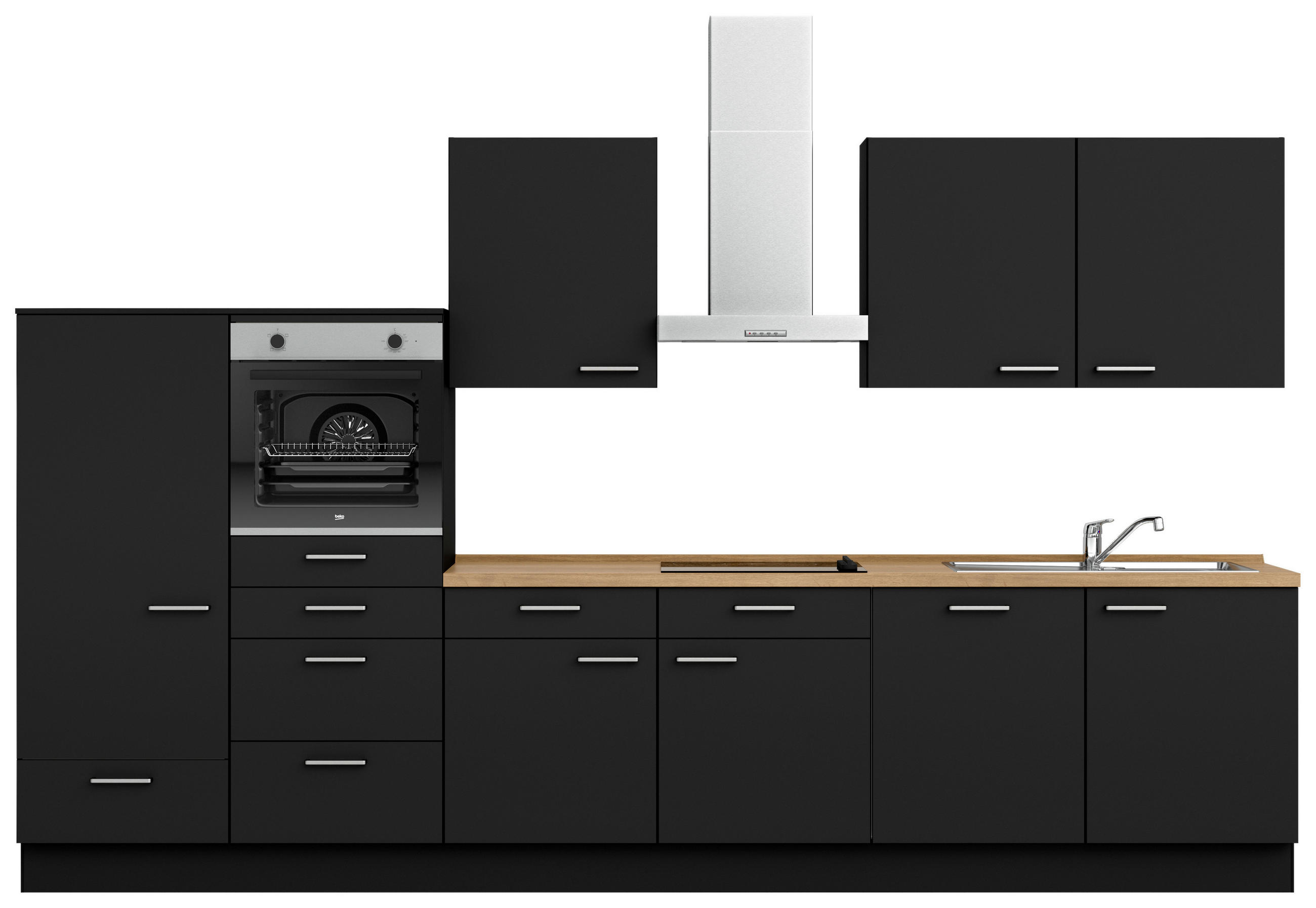 KÜCHENBLOCK 360 cm   in Schwarz, Eichefarben  - Edelstahlfarben/Eichefarben, MODERN, Holzwerkstoff/Metall (360cm) - Nobilia