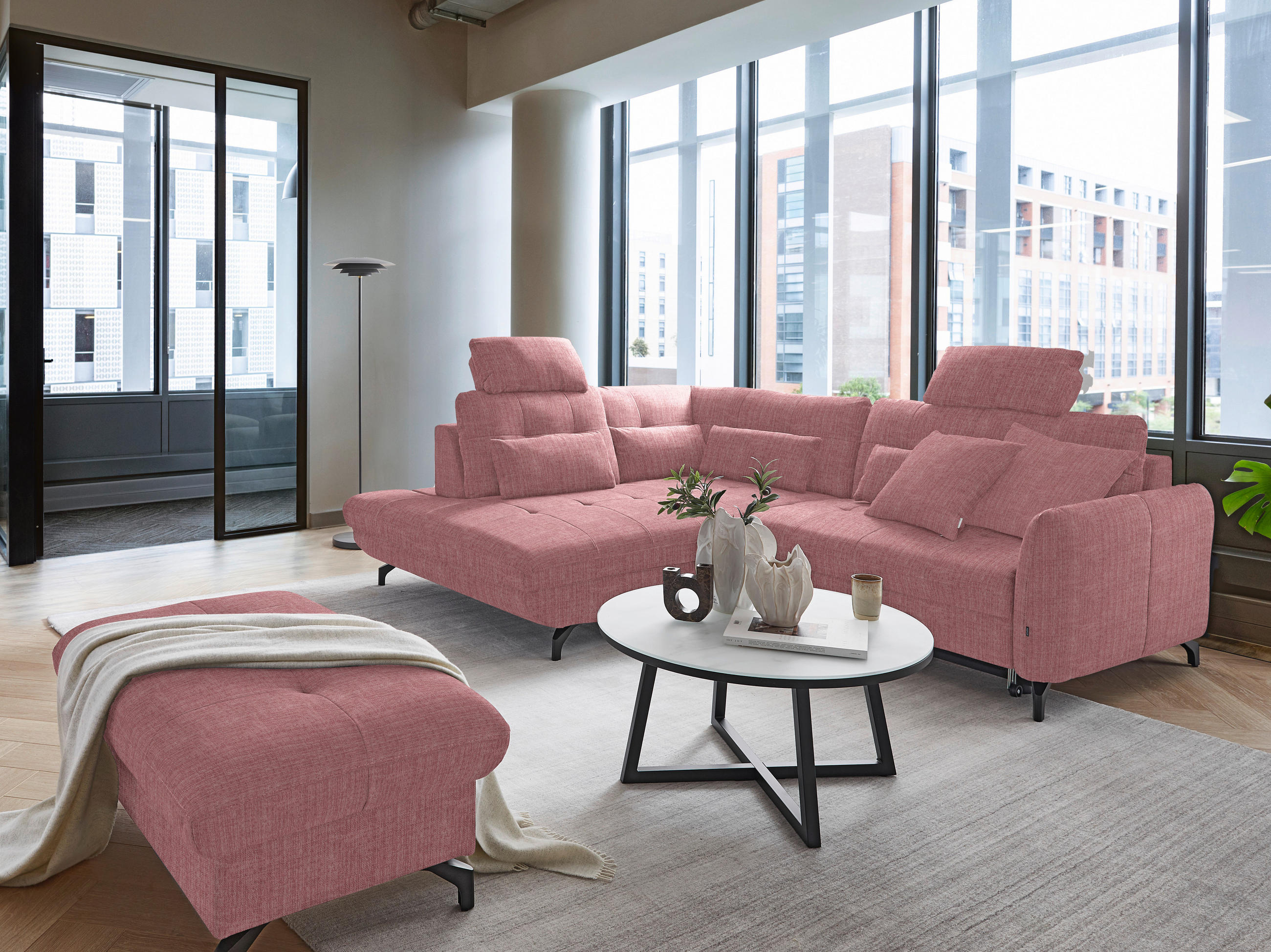 ECKSOFA in Flachgewebe, Leinenoptik Rosa  - Schwarz/Rosa, Design, Textil/Metall (208/247cm) - Xora