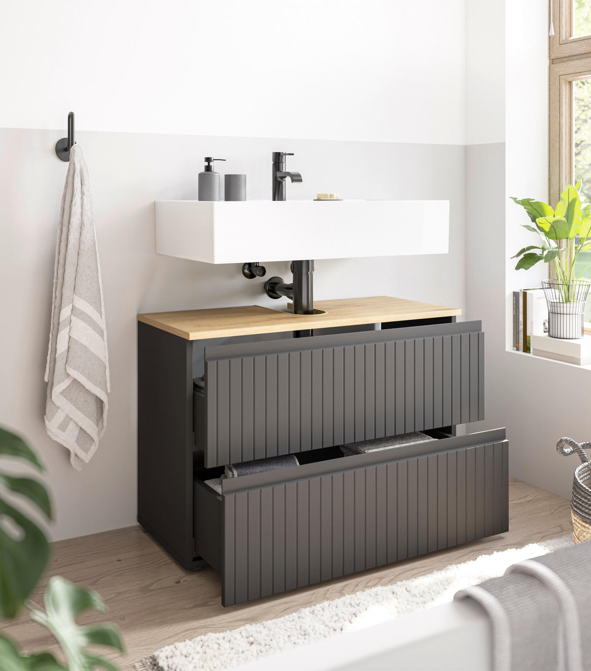 WASCHBECKENUNTERSCHRANK 80/57/36 cm  - Eichefarben/Schwarz, MODERN, Holzwerkstoff/Kunststoff (80/57/36cm) - MID.YOU