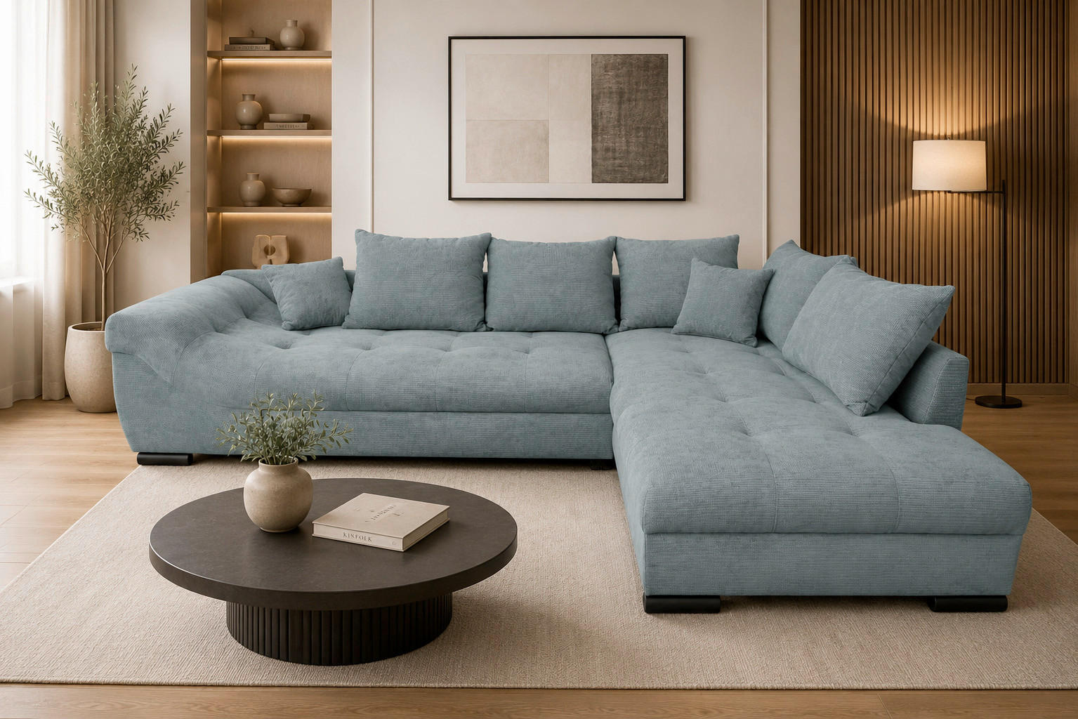 ECKSOFA ATLANTA Hellblau Struktur Liegefläche im Originalstoff  - Schwarz/Hellblau, Design, Textil/Metall (298/202cm) - MID.YOU
