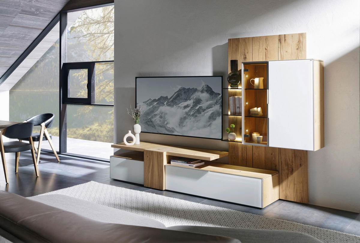 WOHNWAND  in Weiß, Eichefarben  272/194/58,3 cm  - Eichefarben/Weiß, Design, Glas/Holz (272/194/58,3cm) - Voglauer