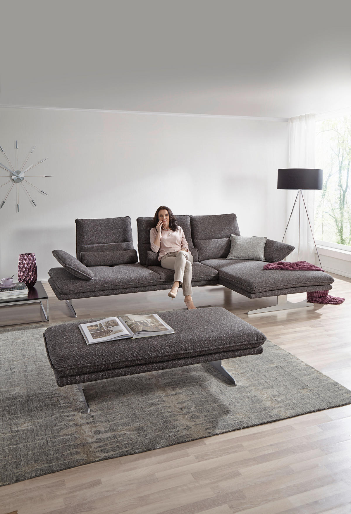 ECKSOFA Webstoff Anthrazit  - Chromfarben/Anthrazit, Design, Textil/Metall (291/164cm) - Chilliano