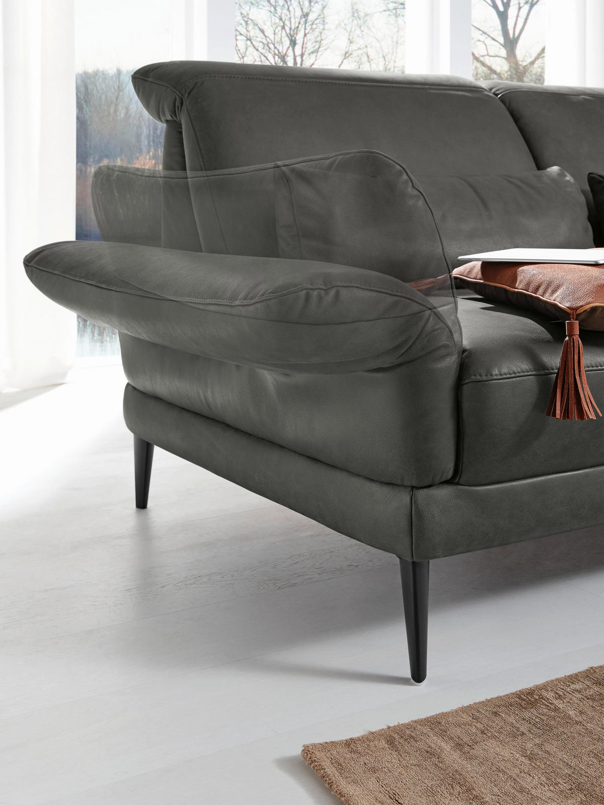 ECKSOFA MR 1350 Dunkelgrau Echtleder  - Dunkelgrau/Schwarz, Design, Leder/Metall (193/312cm) - Musterring