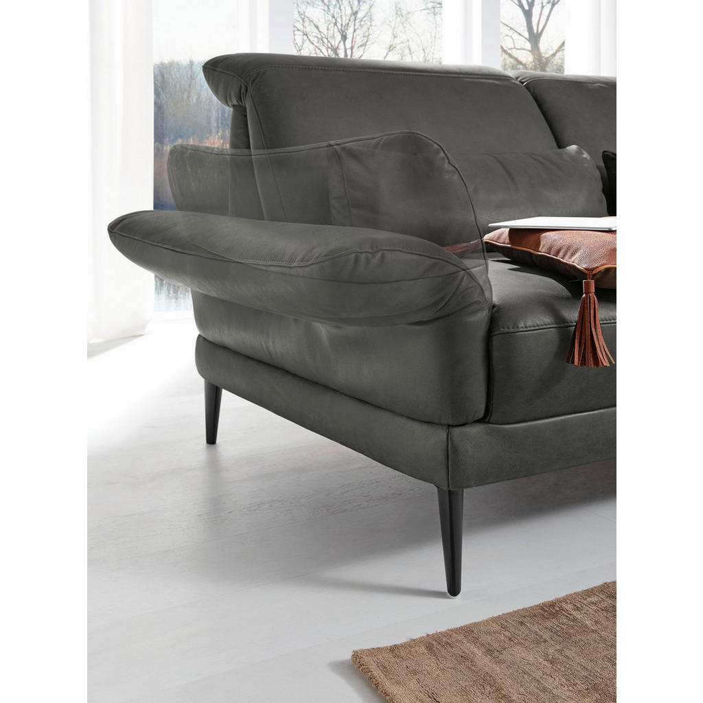 Thumbnail - Musterring Ecksofa MR 1350, Dunkelgrau, Leder, Echtleder, Rindleder, 3-Sitzer, Ottomane links, L-Form, 312x193 cm, Golde...
