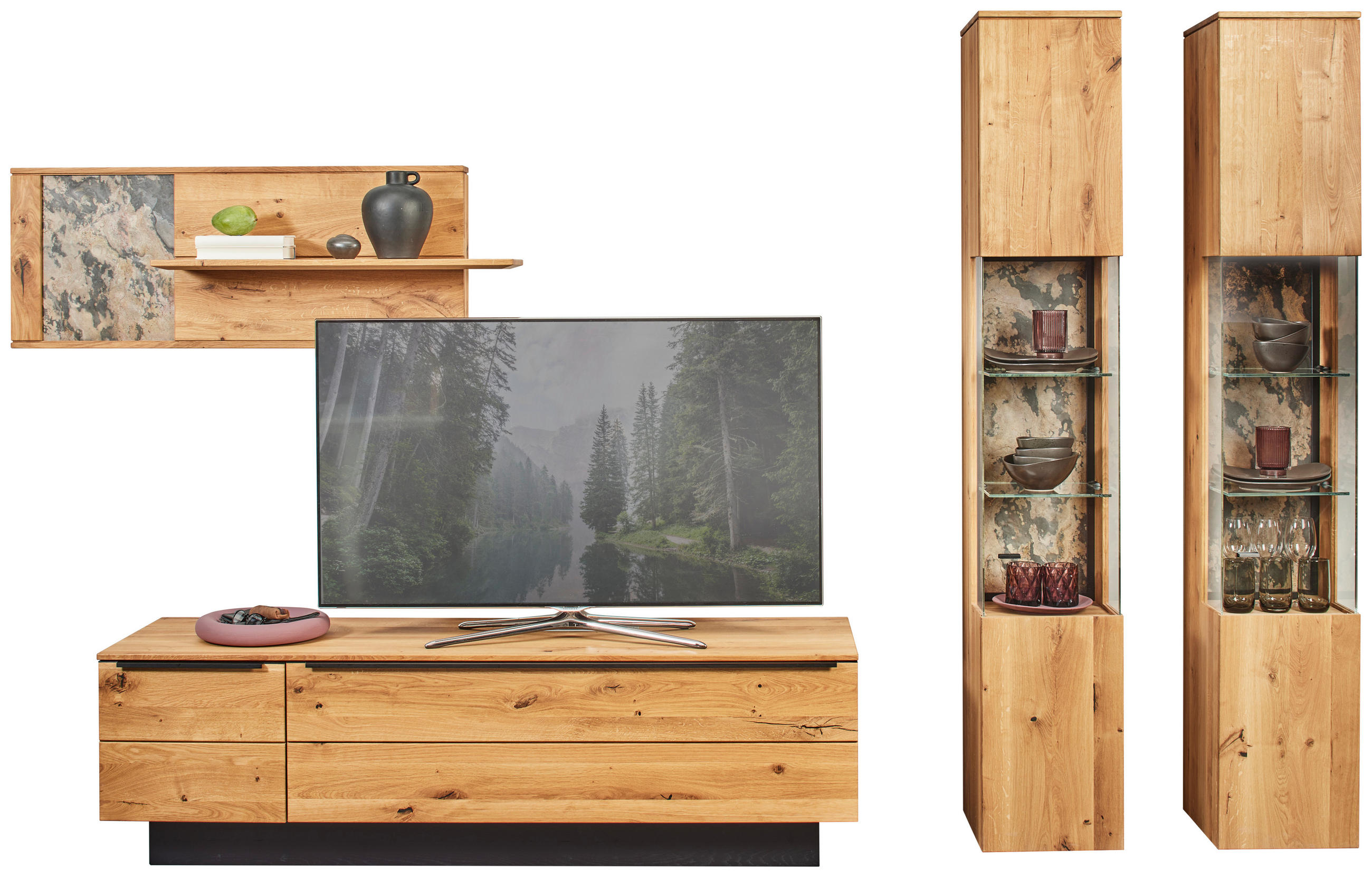 WOHNWAND  in Eichefarben  298/205,7/53,7 cm  - Eichefarben/Schwarz, Natur, Glas/Holz (298/205,7/53,7cm) - Valnatura