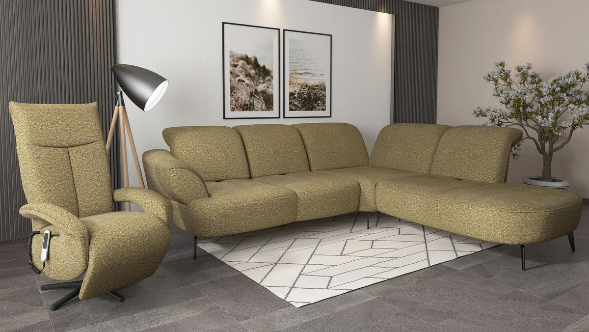 ECKSOFA DANCE E Olivgrün Chenille  - Schwarz/Olivgrün, MODERN, Textil/Metall (302/270cm) - Sit & More