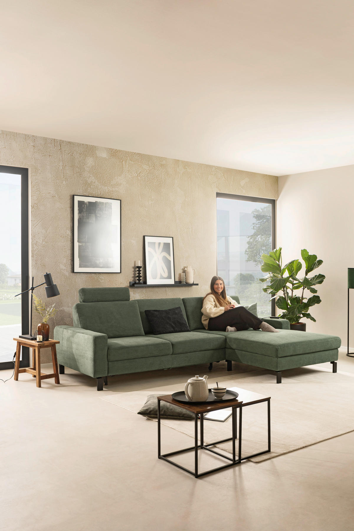 ECKSOFA  in Cord Olivgrün Rücken echt, Sitztiefenverstellung  185/298 cm  - Schwarz/Olivgrün, Design, Textil/Metall (185/298cm) - Pure Home Lifestyle
