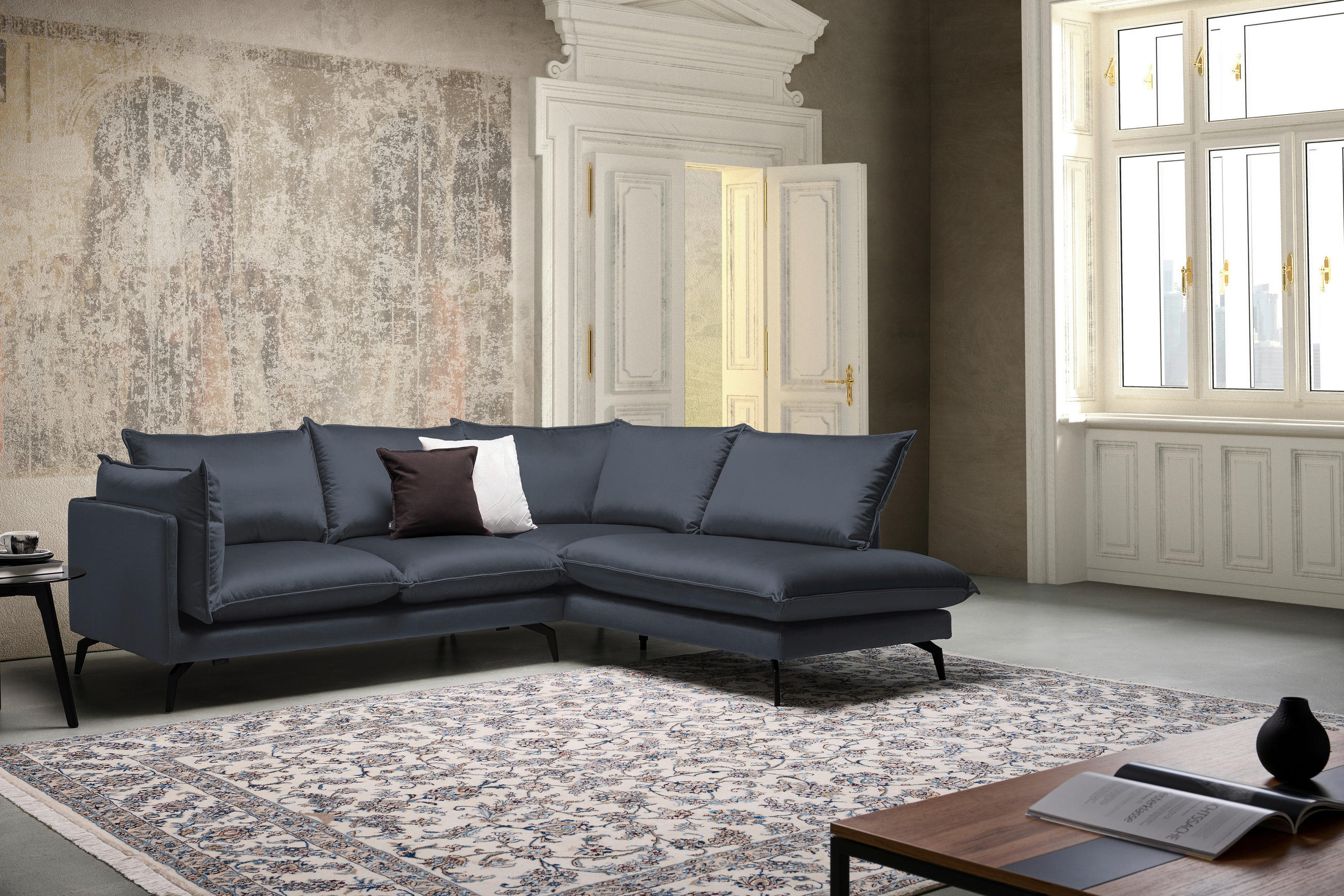 HÖRNSOFFA i sammet antracit  - svart/antracit, Design, metall/textil (241/200cm) - Carryhome