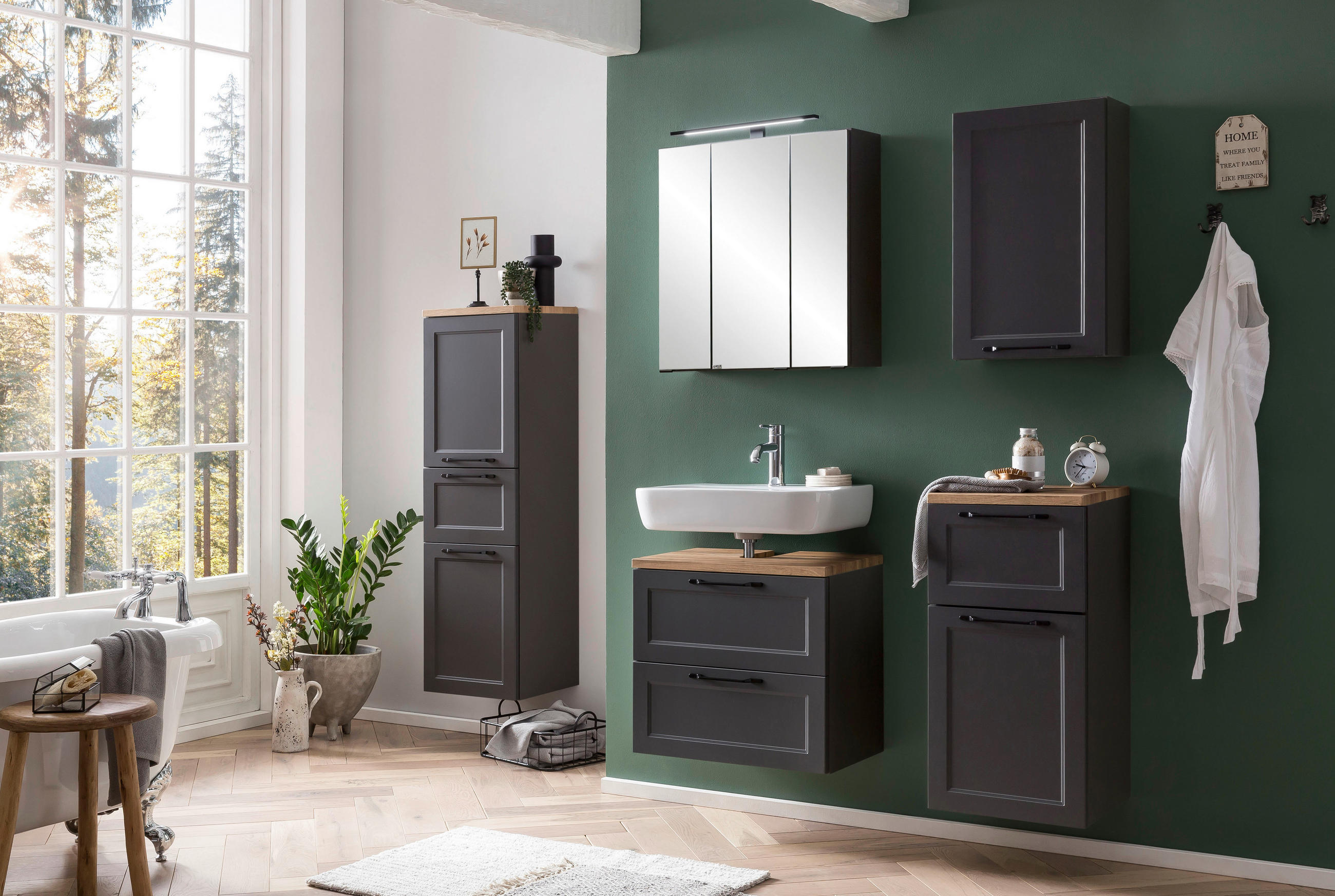 Thumbnail - Xora Waschbeckenunterschrank Enna, Graphit, Grau, Eiche Wotan, Metall, 1 Schubladen, 60x55x35 cm, Made in Germany, stehe...