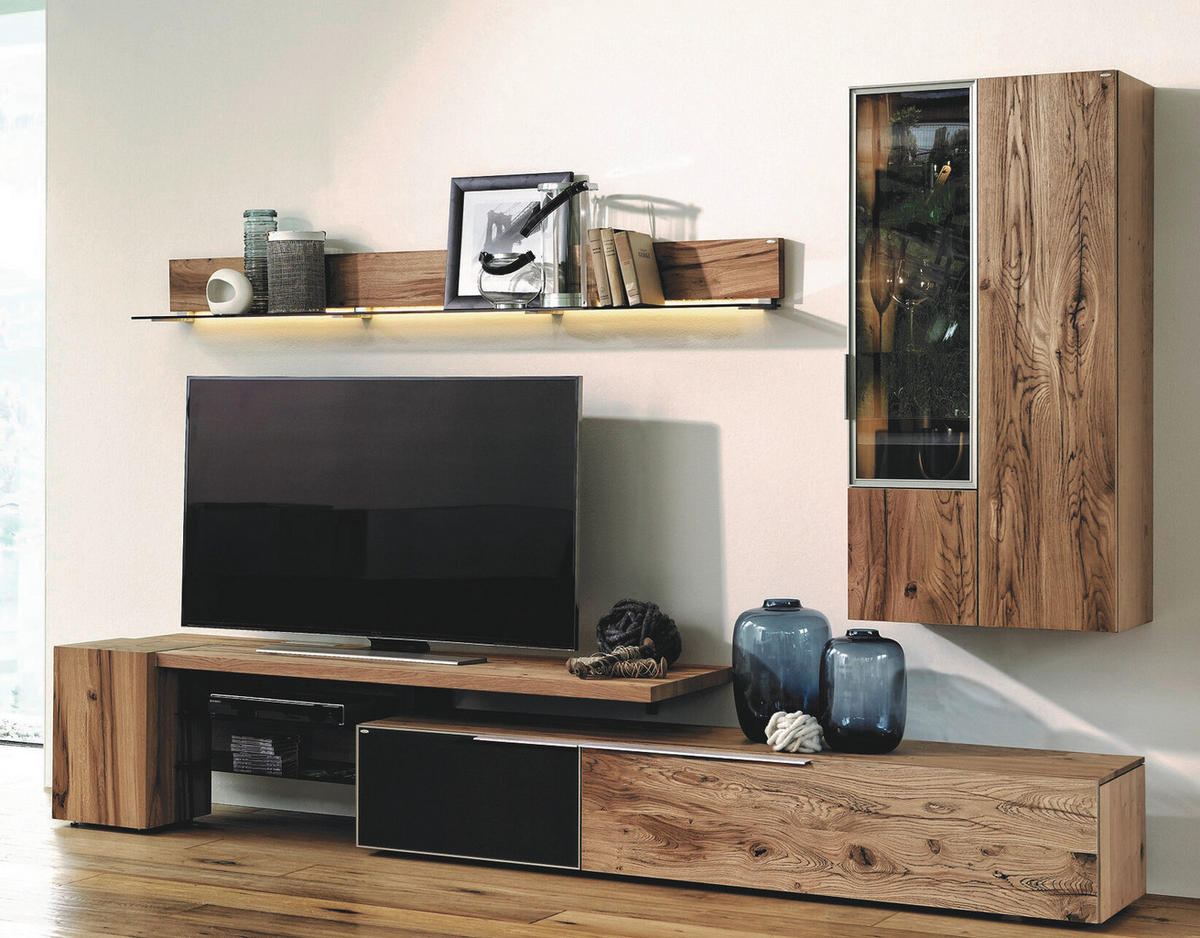 Set Mobila Living, antracit, culoare lemn stejar, 288/194/56,7 cm - argintiu/culoare lemn stejar, Design, sticlă/metal (288/194/56,7cm) - Voglauer