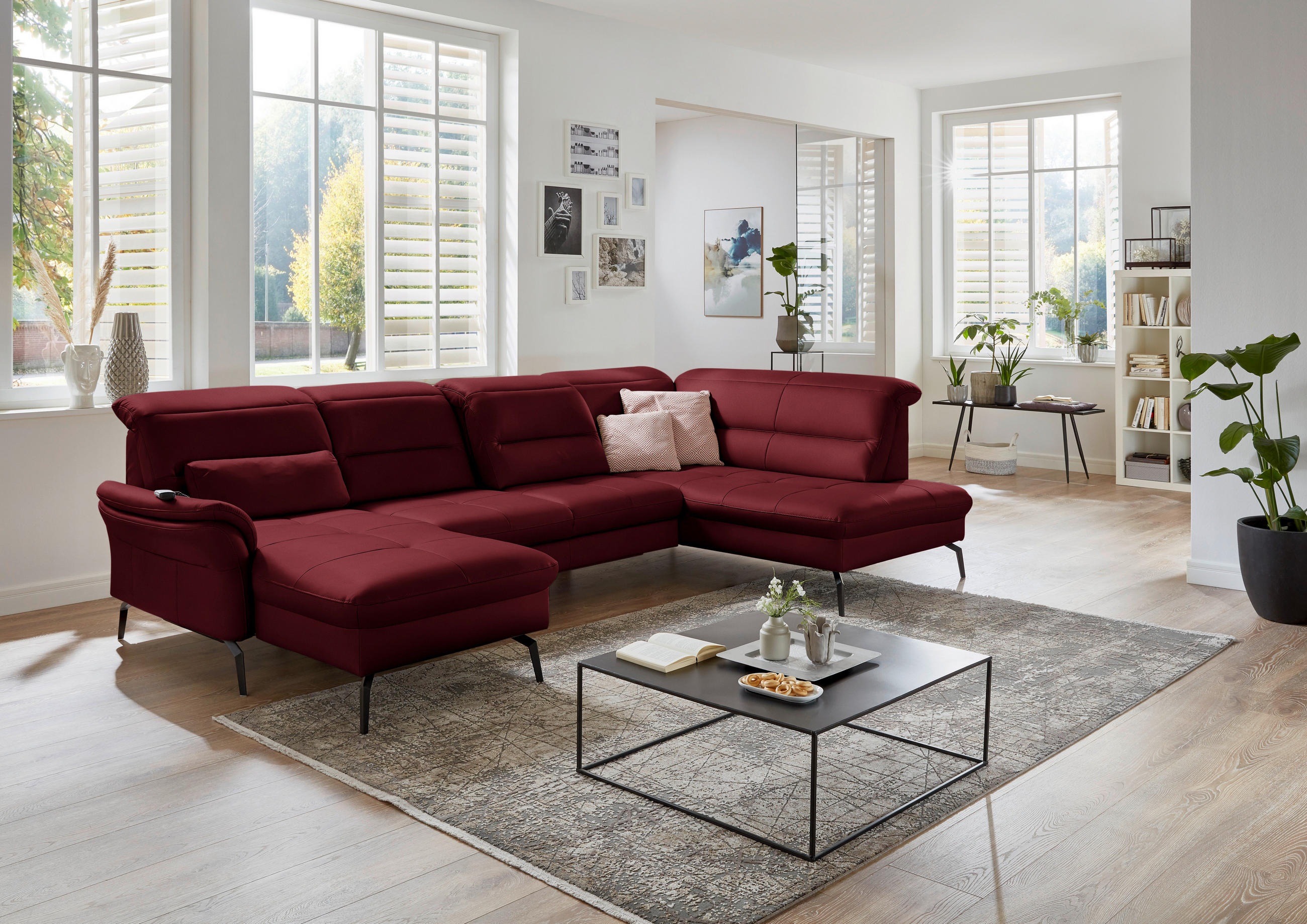 WOHNLANDSCHAFT in Echtleder Rot  - Rot/Schwarz, Design, Leder/Metall (181/336/206cm) - Beldomo Speed