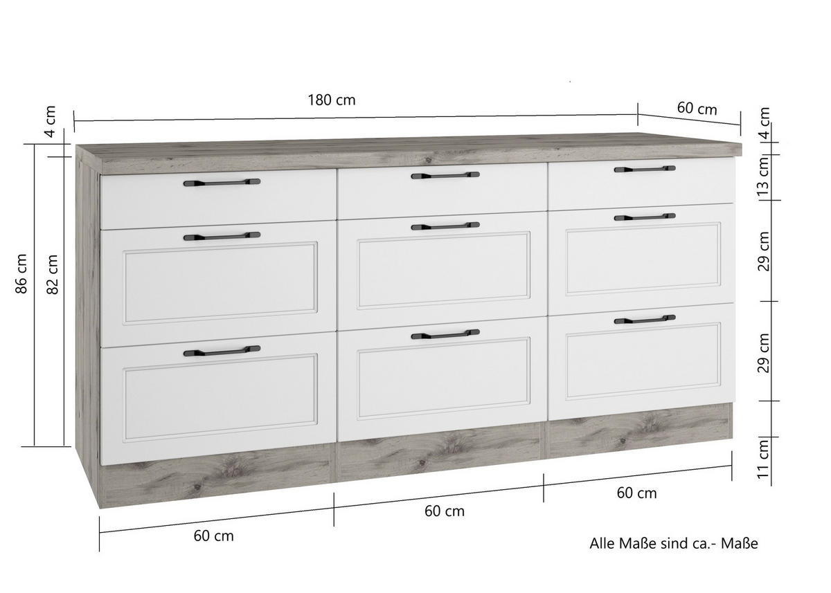 KÜCHENUNTERSCHRANK 180/86/60 cm  in Weiß, Eiche Wotan  - Eiche Wotan/Schwarz, LIFESTYLE, Holzwerkstoff/Metall (180/86/60cm) - Held