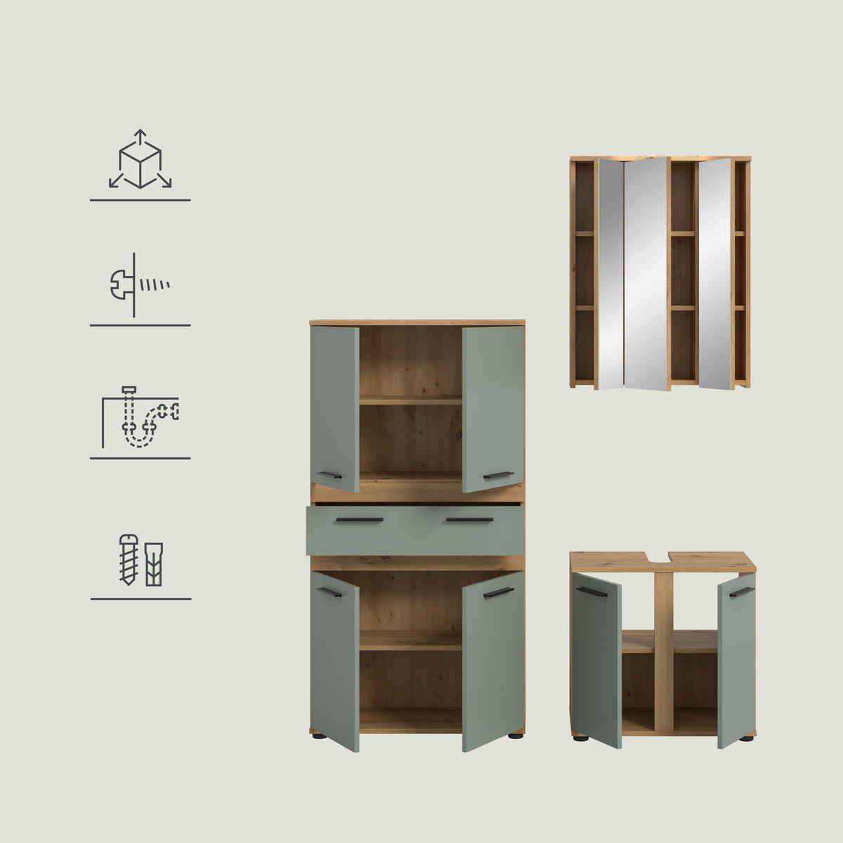 BADEZIMMER 3-teilig  in 145 cm  - Salbeigrün/Schwarz, Trend, Glas/Holzwerkstoff (145cm) - MID.YOU