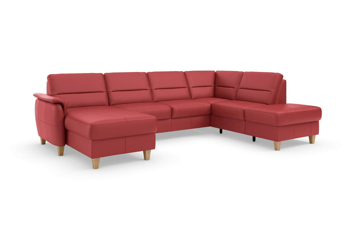 WOHNLANDSCHAFT PALMERA E in Echtleder Rot  - Eichefarben/Rot, Basics, Leder/Holz (163/308/212cm) - Sit & More