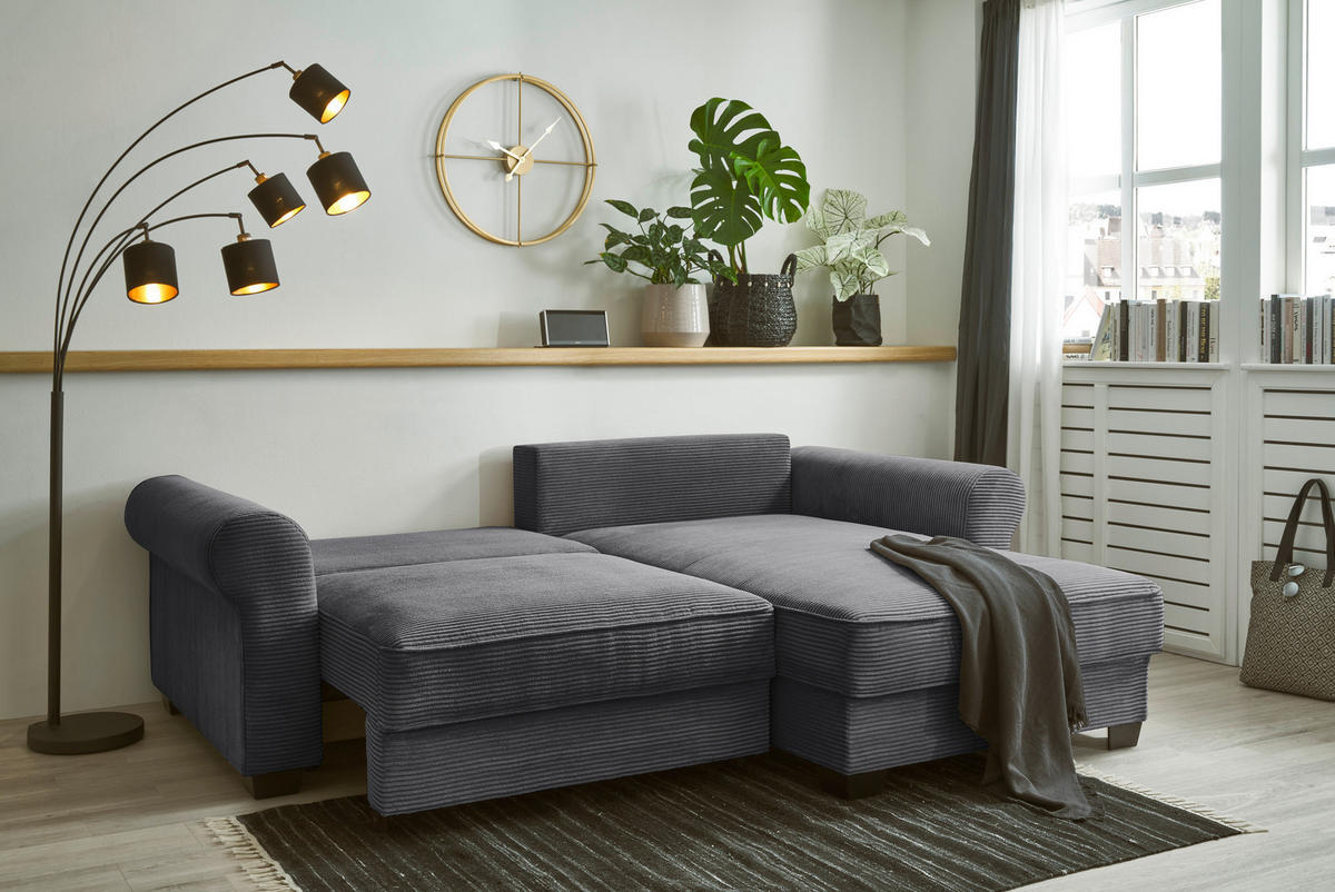 ECKSOFA Anthrazit Cord  - Anthrazit/Schwarz, Basics, Kunststoff/Textil (255/92/185cm) - MID.YOU