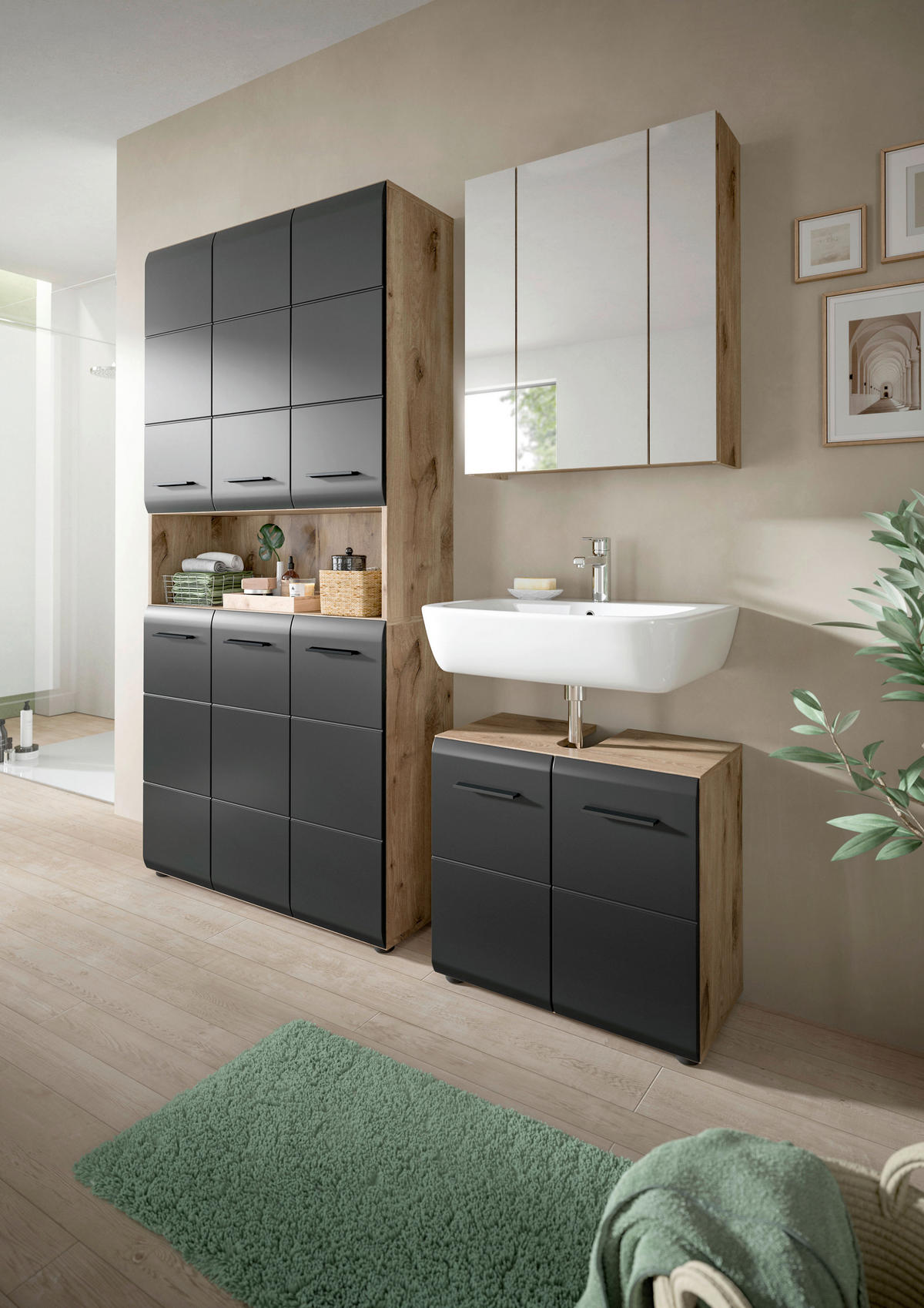 HOCHSCHRANK 90/185/30 cm  - Eiche dunkel/Schwarz, Basics, Holzwerkstoff/Kunststoff (90/185/30cm) - MID.YOU