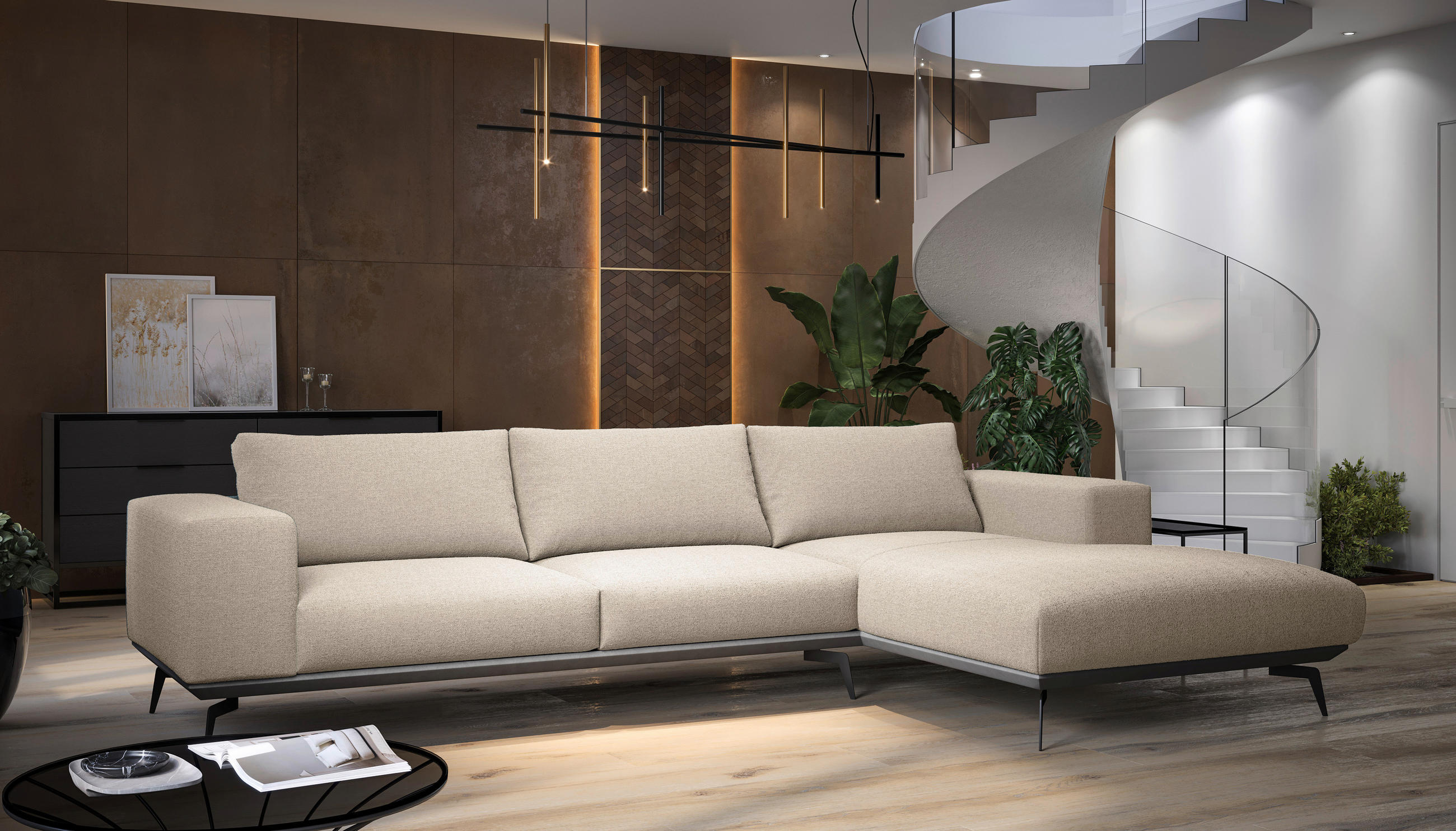 ECKSOFA Creme Chenille  - Creme/Schwarz, Design, Holz/Textil (330/180cm) - MID.YOU