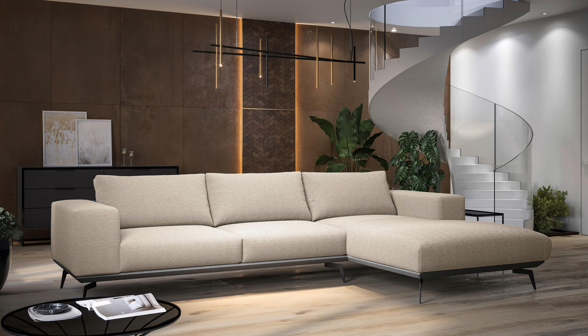 ECKSOFA Creme Chenille  - Creme/Schwarz, Design, Holz/Textil (330/180cm) - MID.YOU