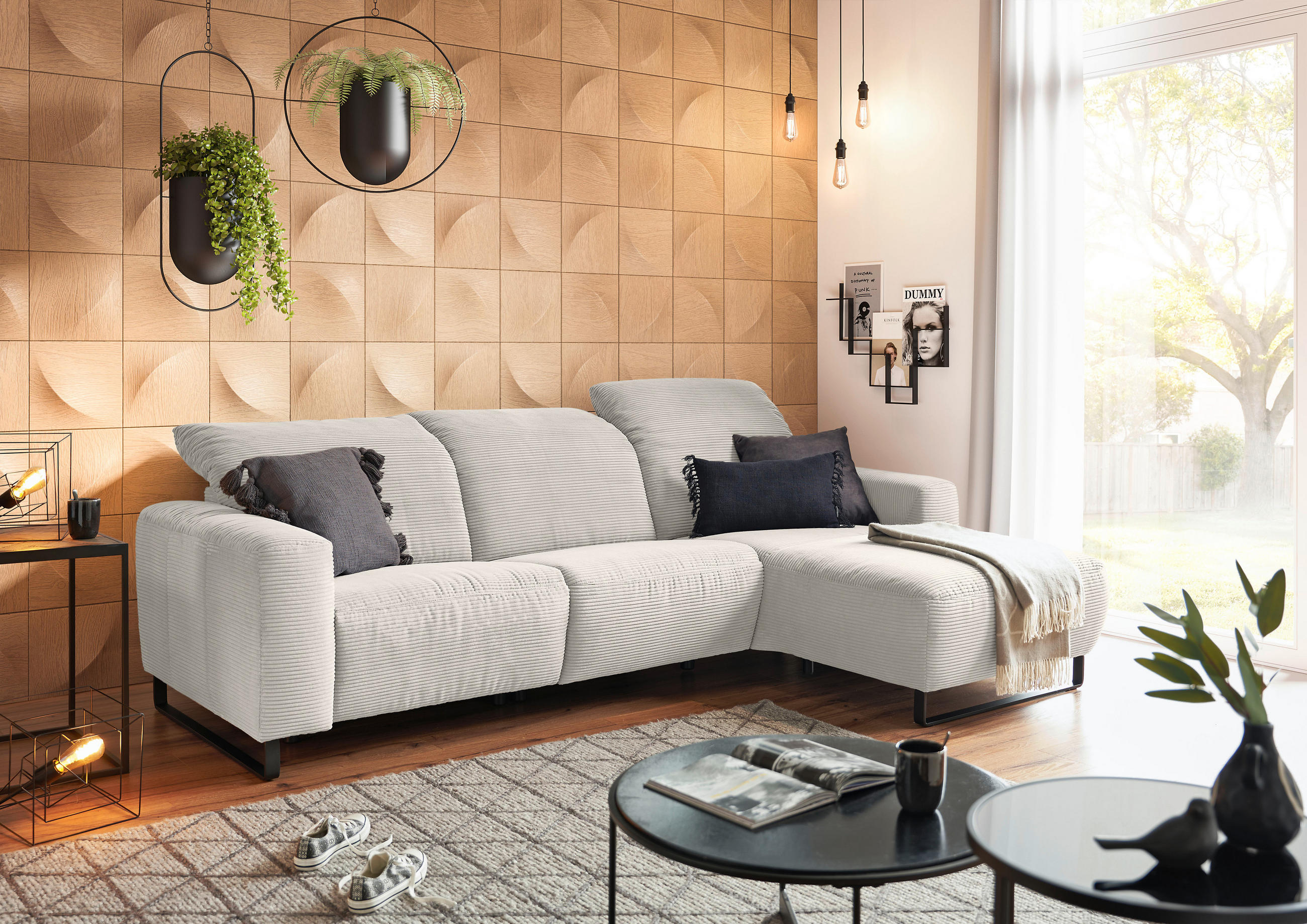 ECKSOFA in Cord Creme  - Creme/Schwarz, Konventionell, Textil/Metall (266/180cm) - Hom`in
