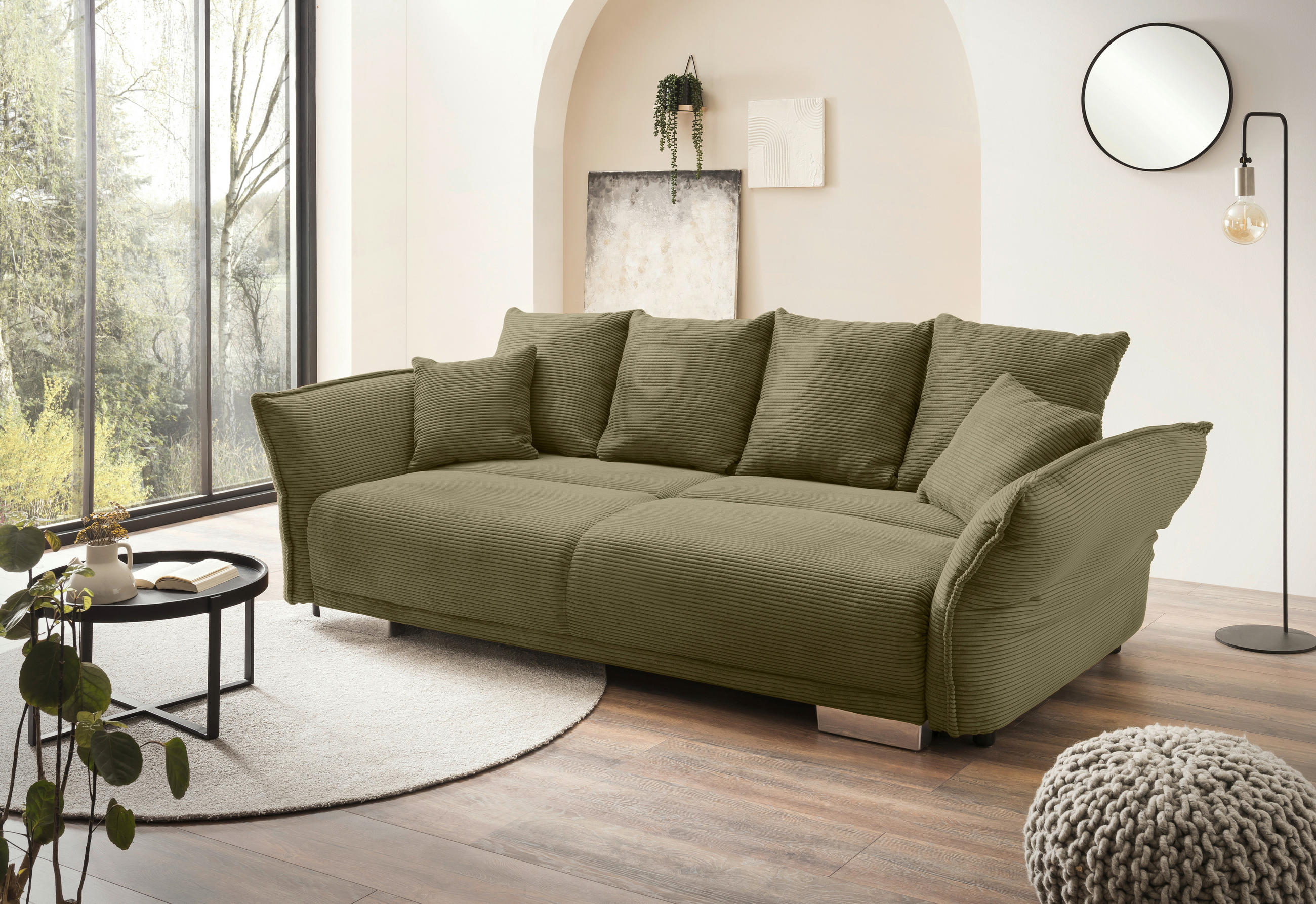 BIGSOFA in Cord Olivgrün  - Chromfarben/Olivgrün, MODERN, Kunststoff/Textil (242/71/90/131cm) - Livetastic