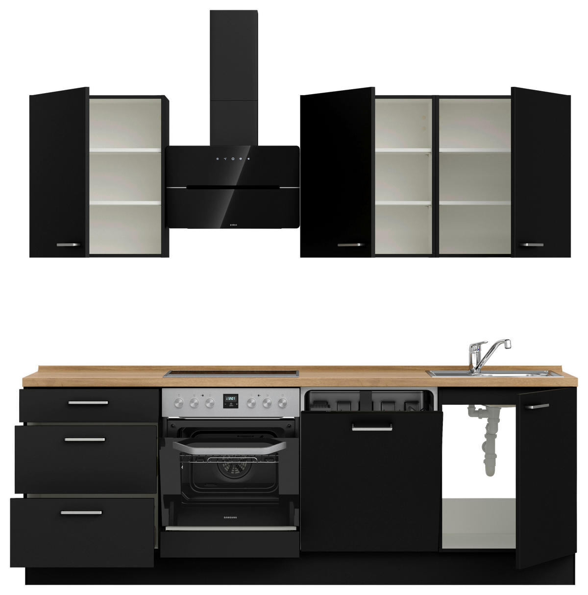 KÜCHENBLOCK 240 cm   in Schwarz, Eichefarben  - Edelstahlfarben/Eichefarben, MODERN, Holzwerkstoff/Metall (240cm) - Nobilia