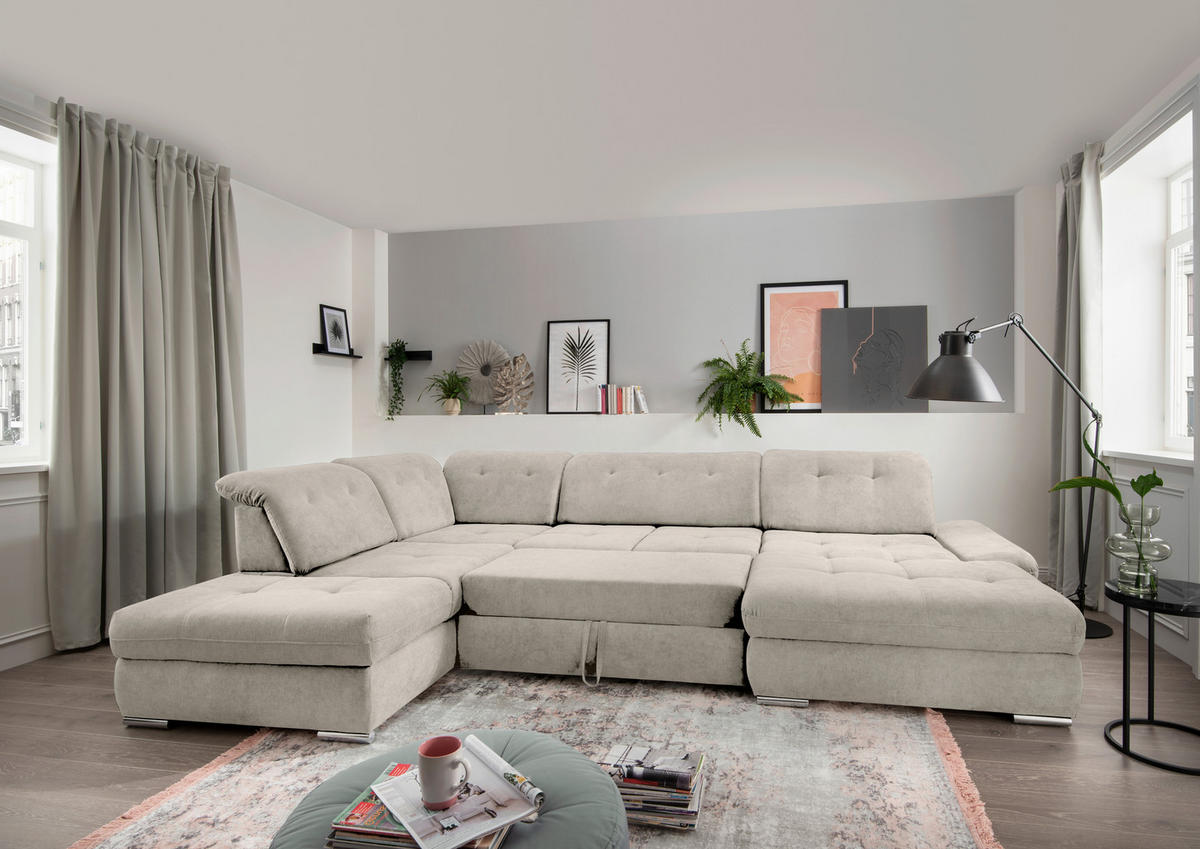WOHNLANDSCHAFT in Chenille Beige  - Chromfarben/Beige, Design, Textil/Metall (254/376/195cm) - Livetastic