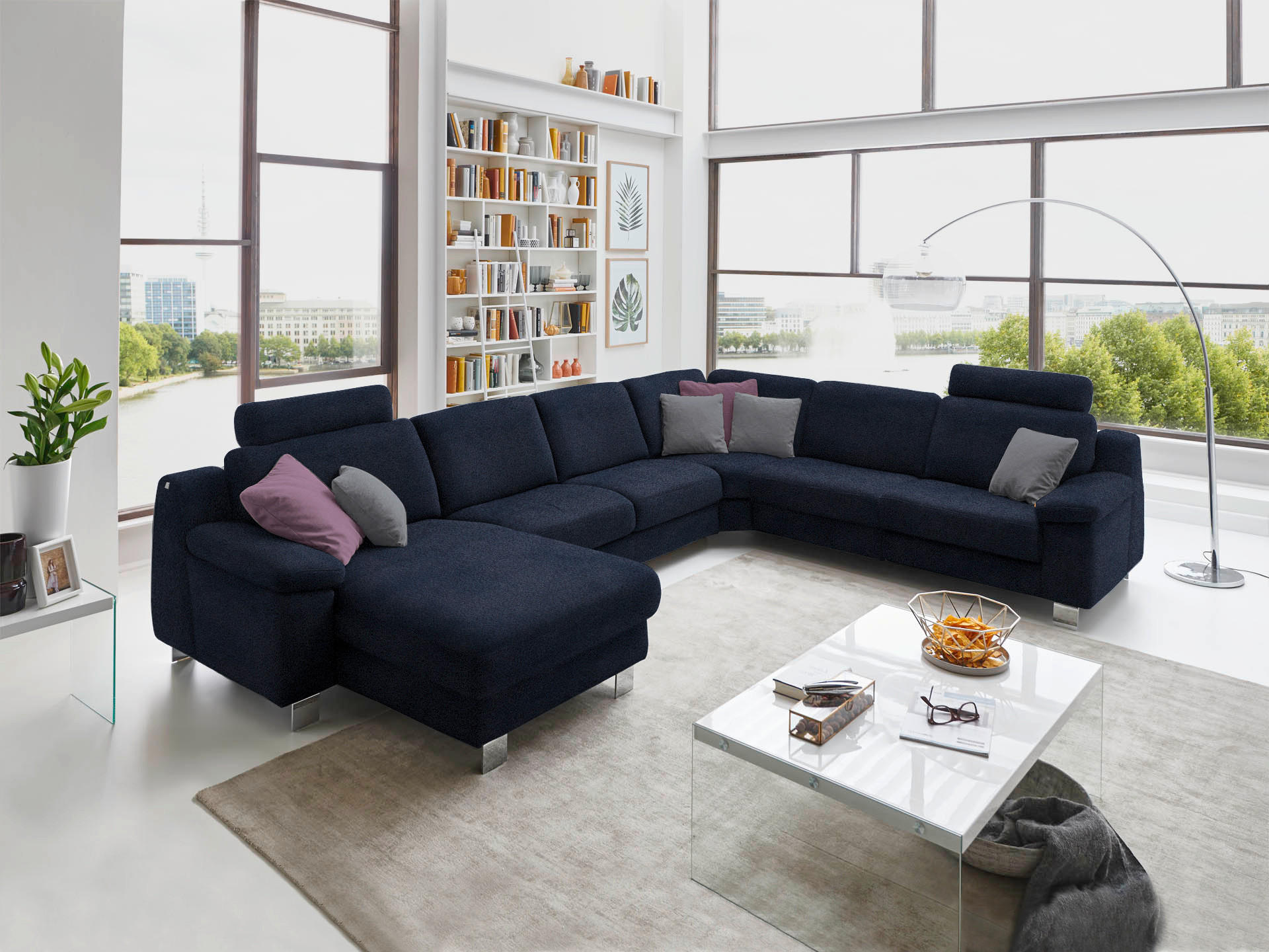 WOHNLANDSCHAFT in Mikrofaser Blau  - Chromfarben/Blau, Design, Textil/Metall (166/364/278cm) - Valdera