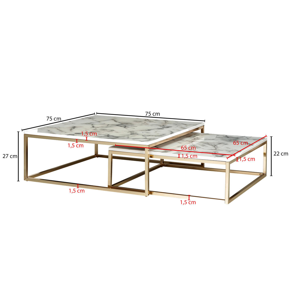COUCHTISCH in Holzwerkstoff 75/75/27 cm  - Weiss/Goldfarben, Konventionell, Holzwerkstoff/Metall (75/75/27cm) - MID.YOU