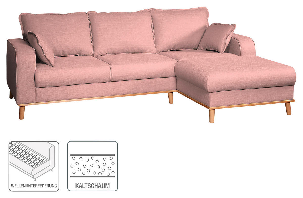 ECKSOFA Beata Rosa Mikrofaser  - Wengefarben/Rosa, Design, Holz/Textil (230/150cm) - Livetastic