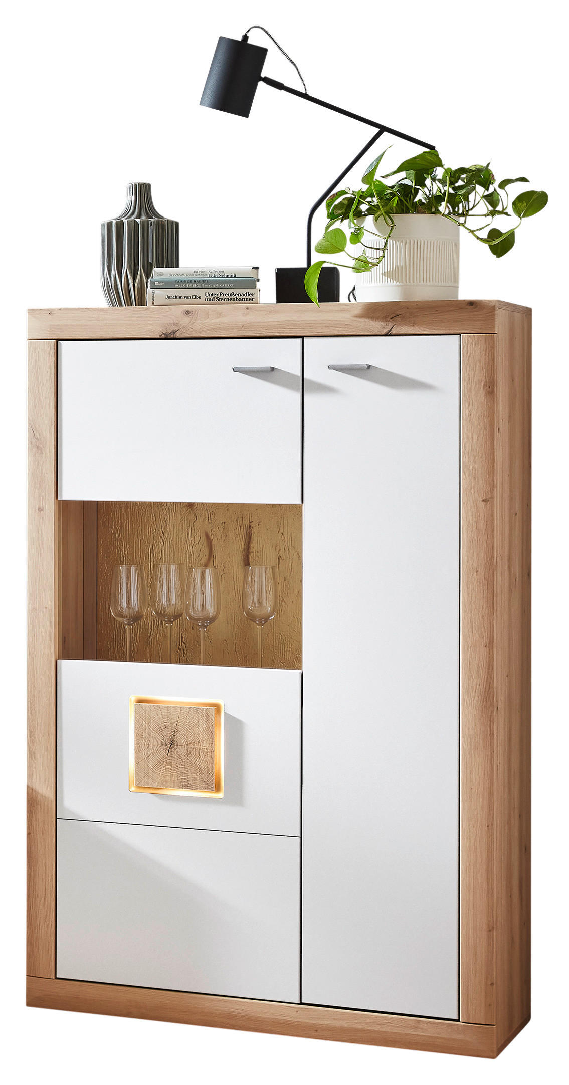 HIGHBOARD BORKUM Weiss, Eiche Artisan  92,9/142,3/37,3 cm  - Weiss/Anthrazit, Konventionell, Glas/Holzwerkstoff (92,9/142,3/37,3cm) - Stylife