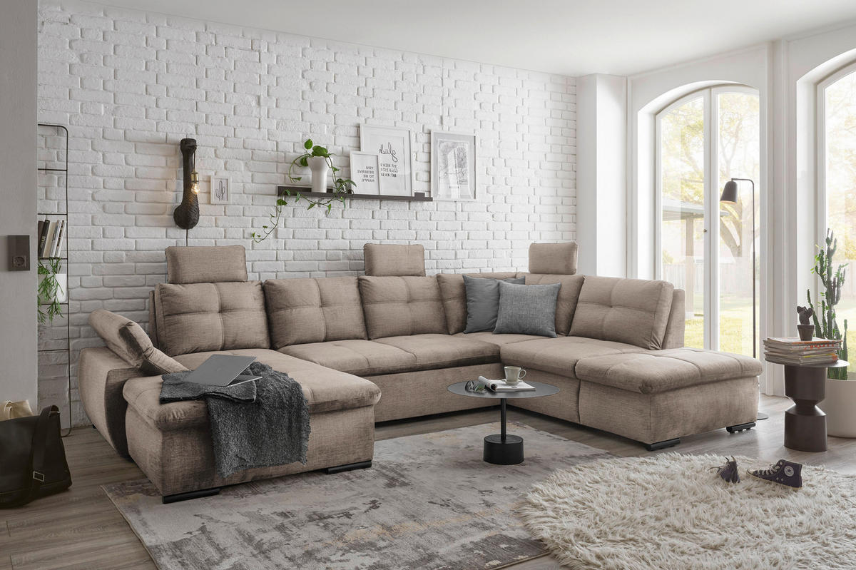 WOHNLANDSCHAFT Creme Mikrovelours  - Creme/Schwarz, KONVENTIONELL, Kunststoff/Textil (127/334/217cm) - Carryhome