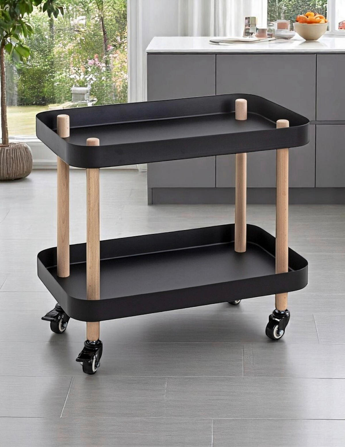 SERVIERWAGEN Buche massiv Naturfarben, Schwarz, Buchefarben  - Buchefarben/Schwarz, MODERN, Holz/Metall (50/30/47cm)