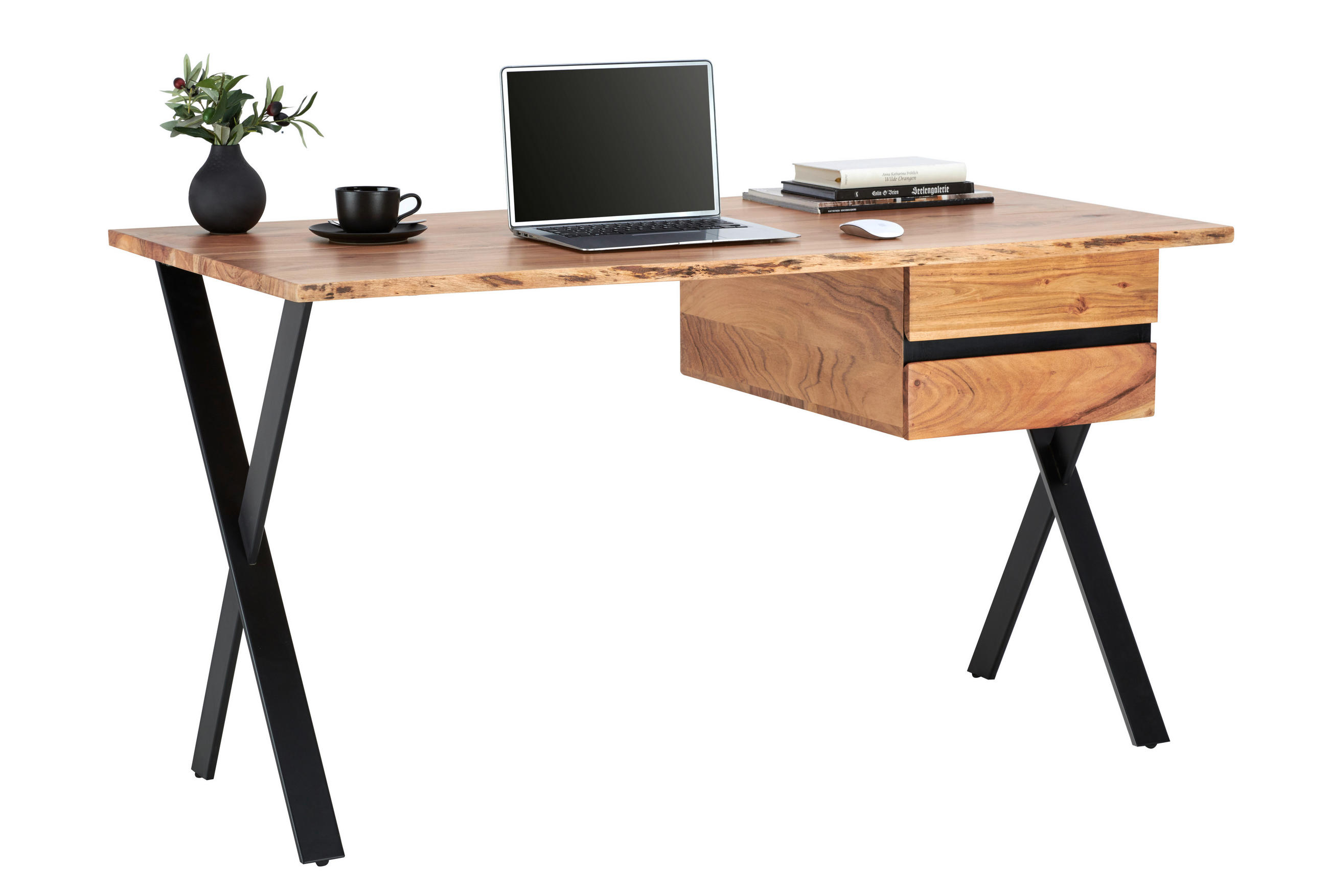 ÍRÓASZTAL  - akáciaszínű/fekete, Konventionell, fa/fém (140/70/76cm) - Landscape