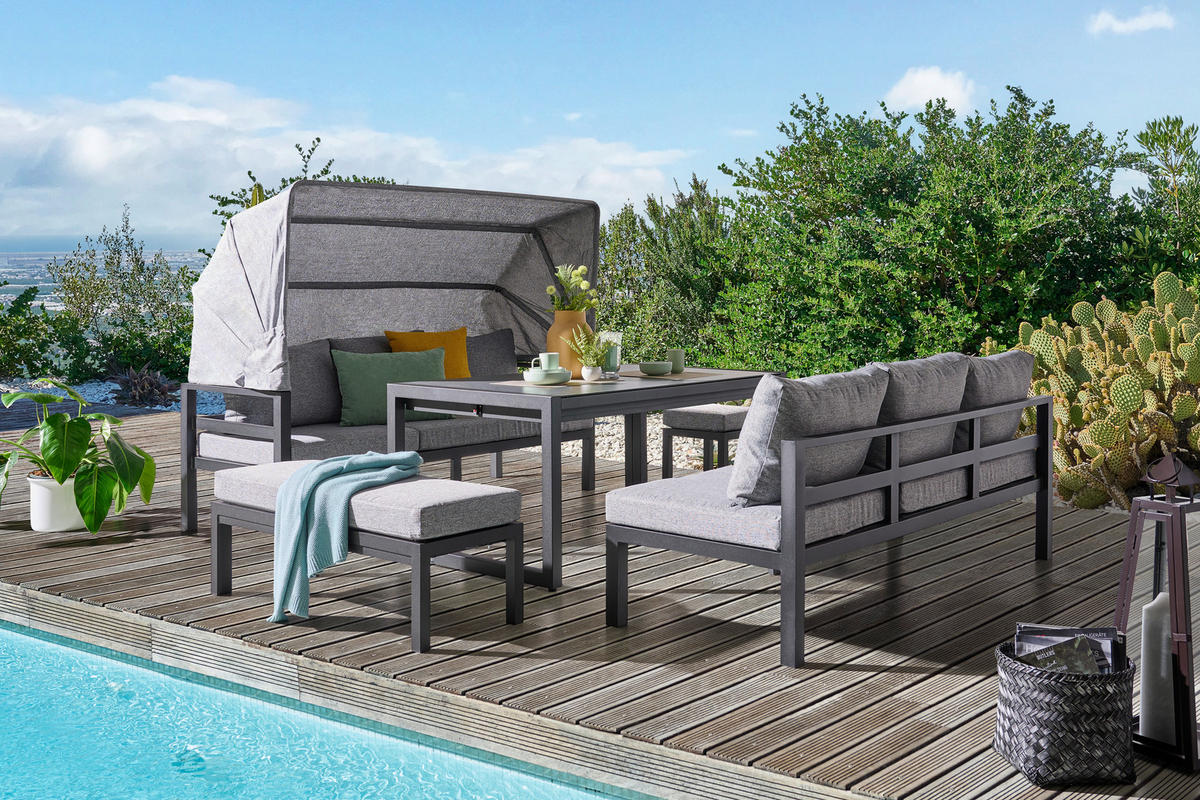 LOUNGEGARNITUR 19-teilig   360/65/152/200 cm Aluminium  - Dunkelgrau/Dunkelbraun, MODERN, Glas/Textil (360/65/152/200cm) - Amatio